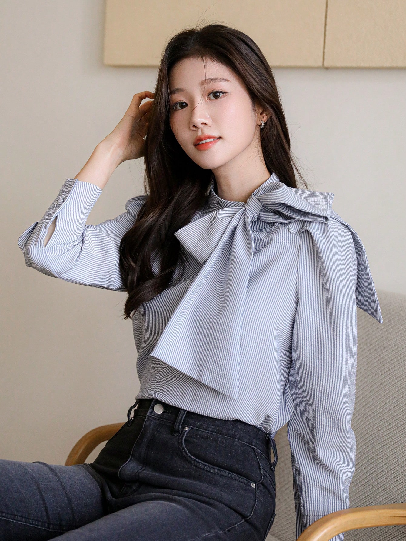 Blue Striped Long-Sleeve Blouse