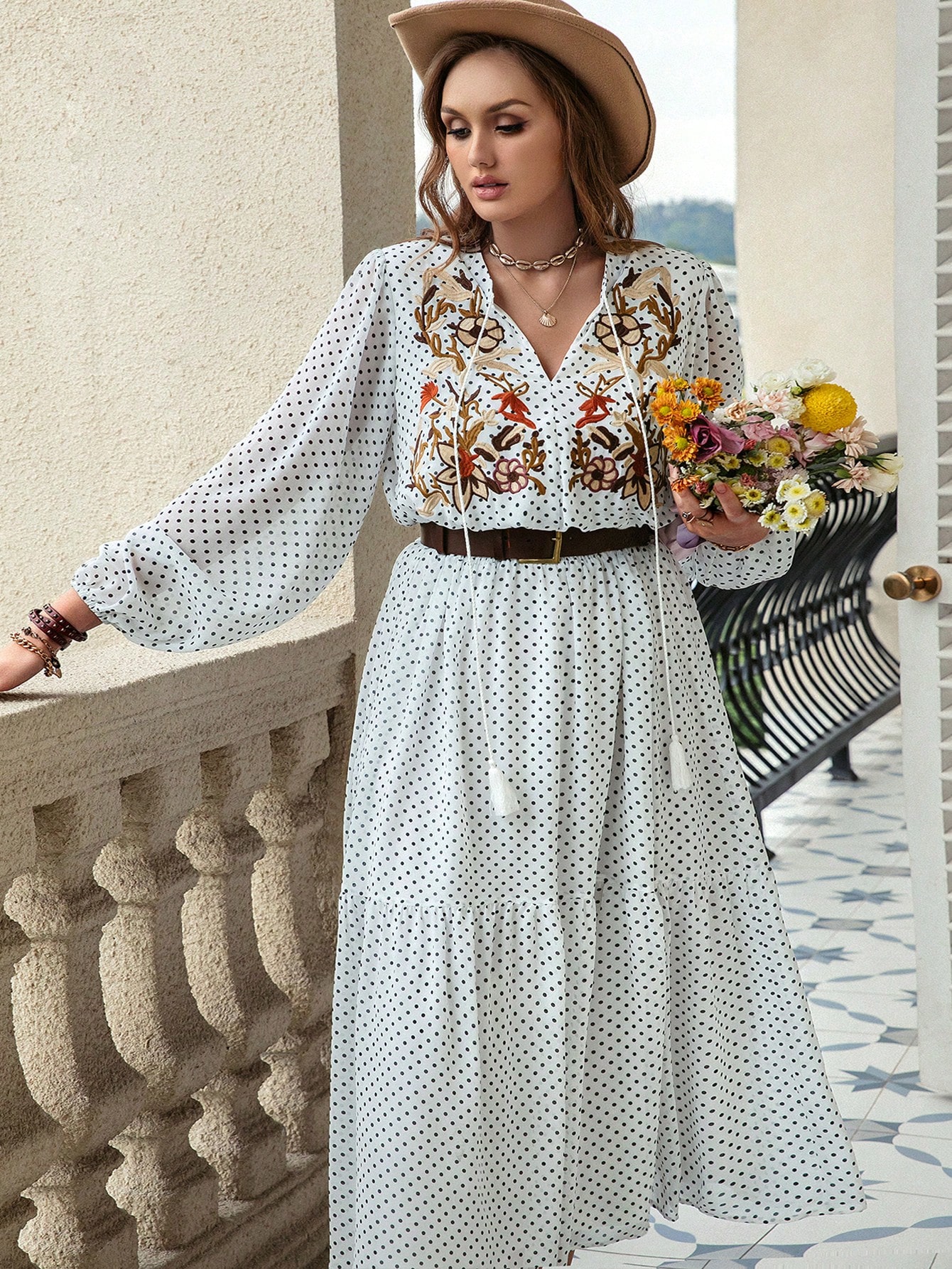Elegant White Polka Dot Maxi A-Line Dress for Plus Size Women