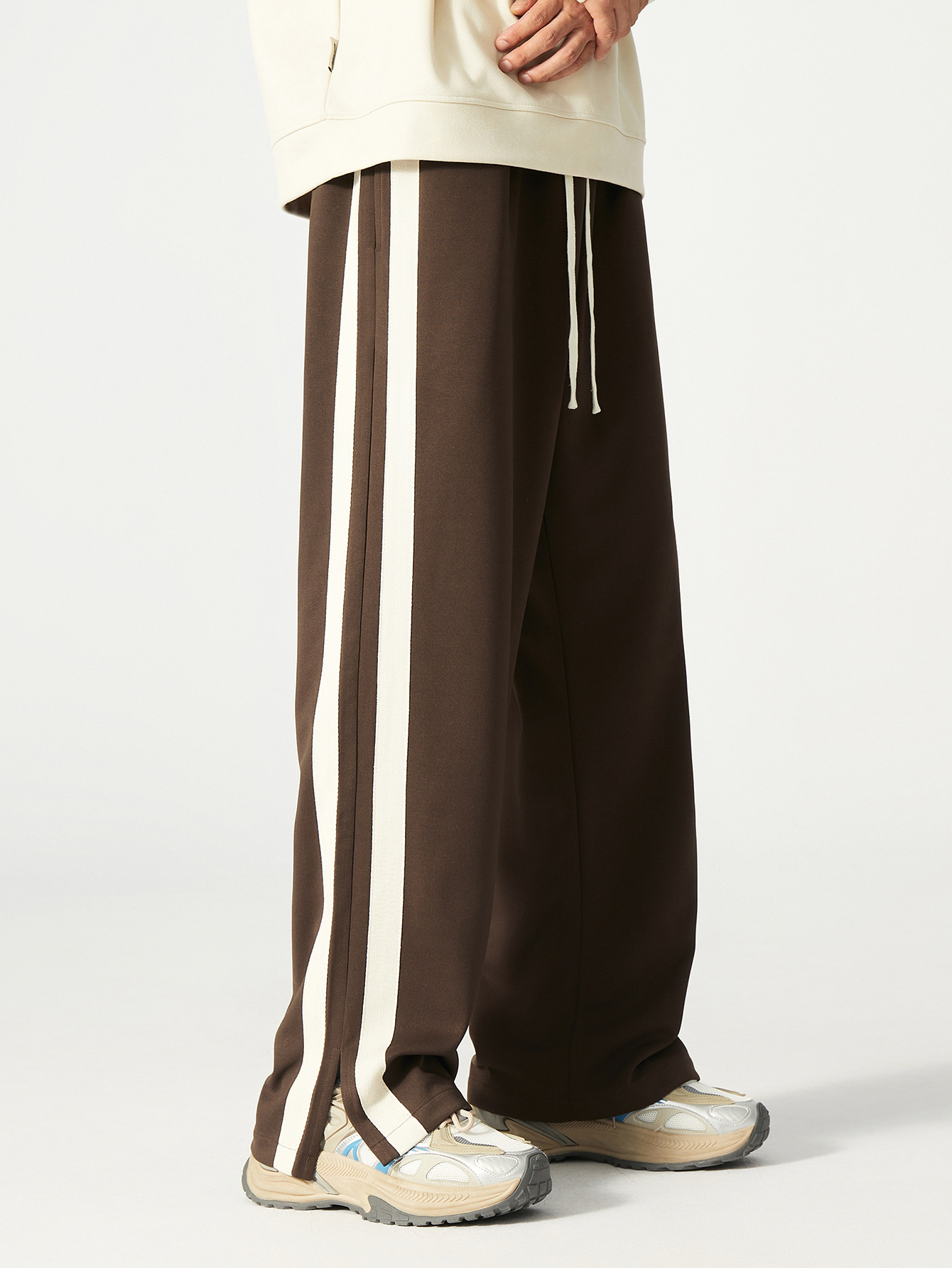Plus Size Coffee Brown Straight Leg Track Pants with Side Stripe
