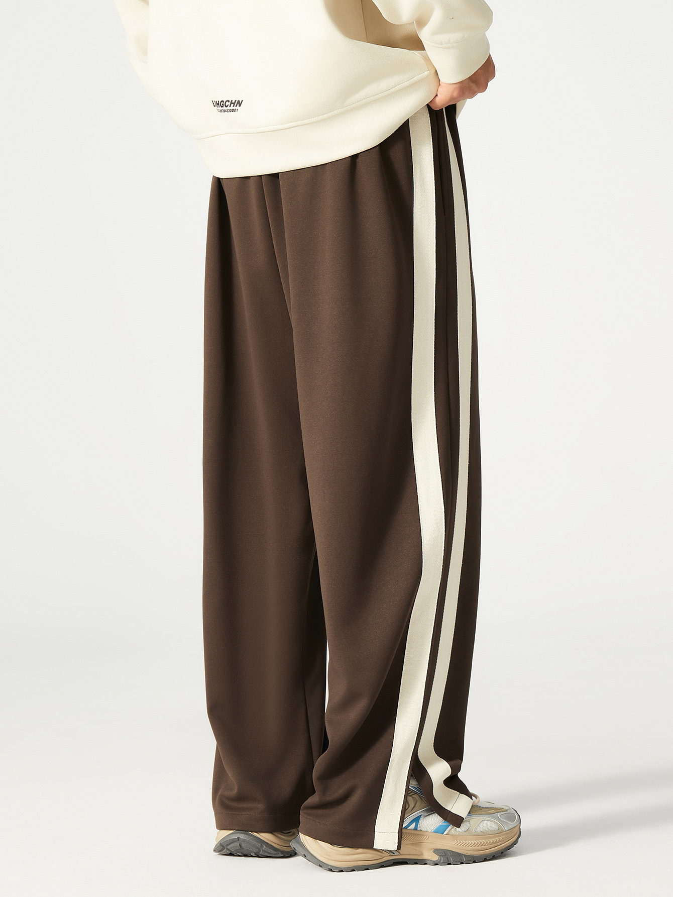 Plus Size Coffee Brown Straight Leg Track Pants with Side Stripe