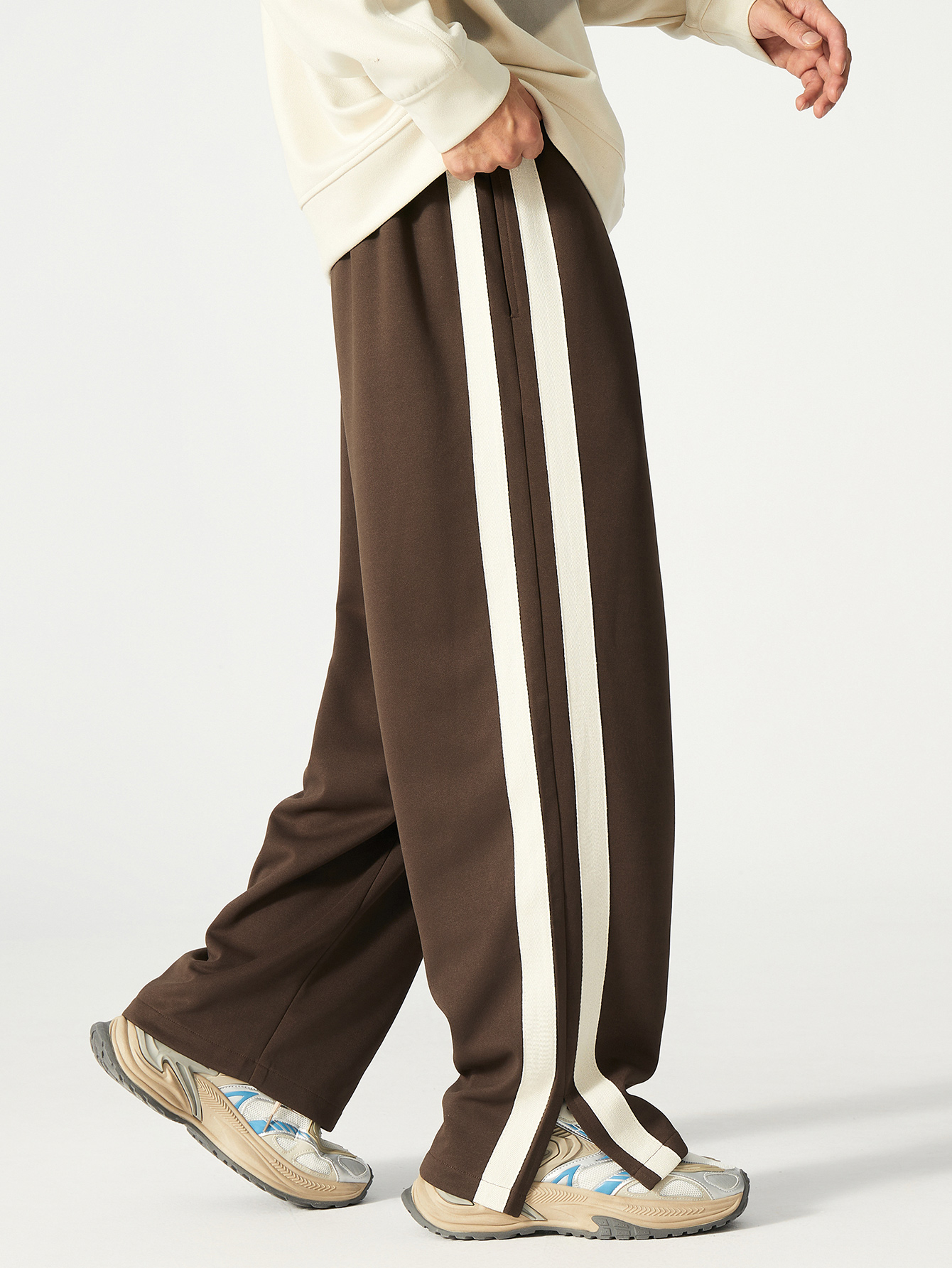 Plus Size Coffee Brown Straight Leg Track Pants with Side Stripe