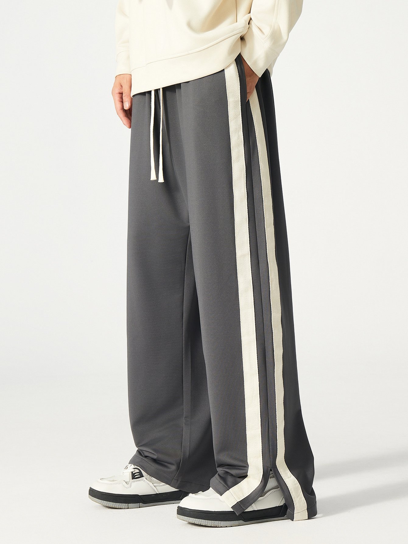 Plus Size Grey Straight Leg Track Pants with Side Stripe