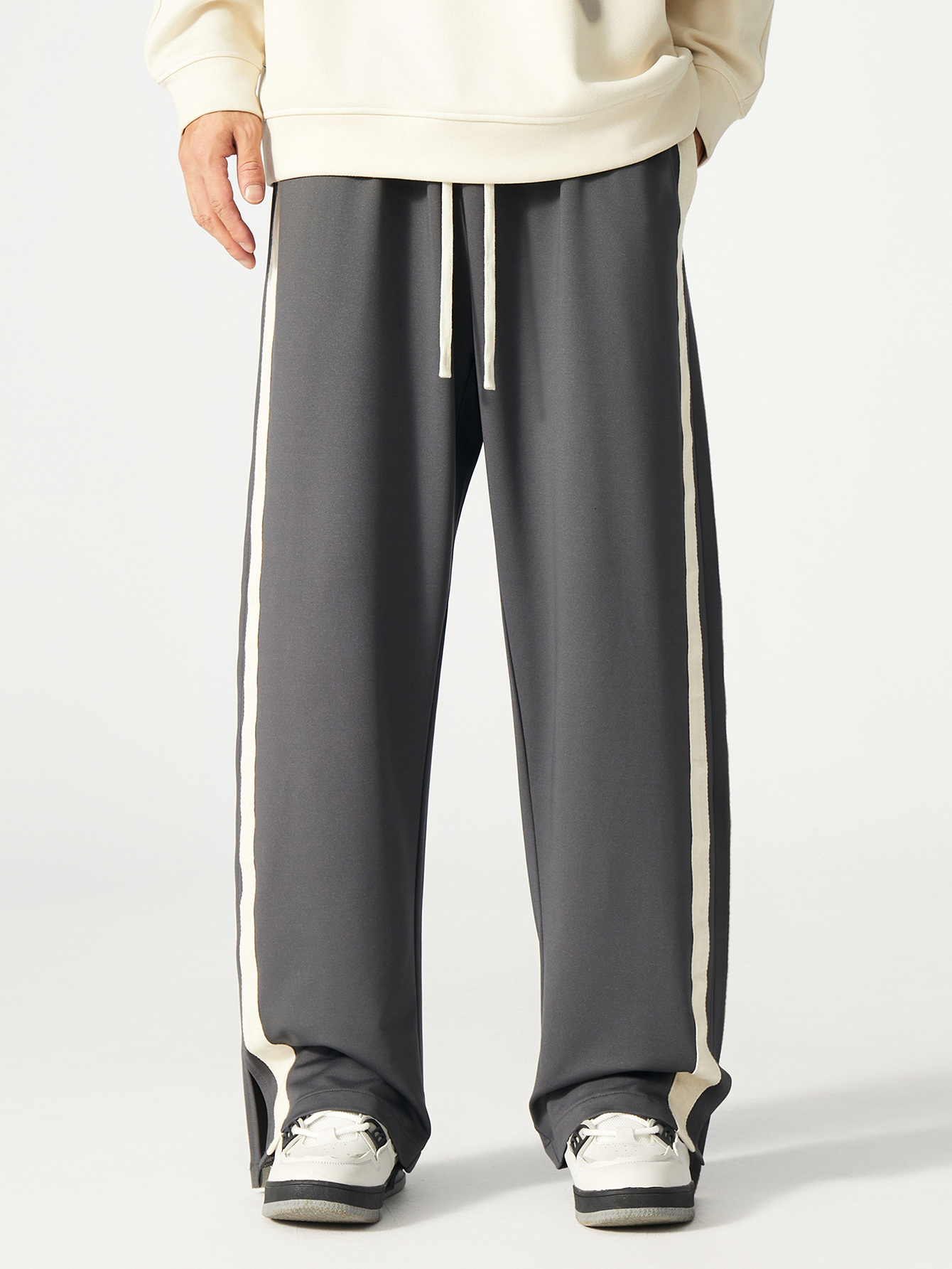 Plus Size Grey Straight Leg Track Pants with Side Stripe