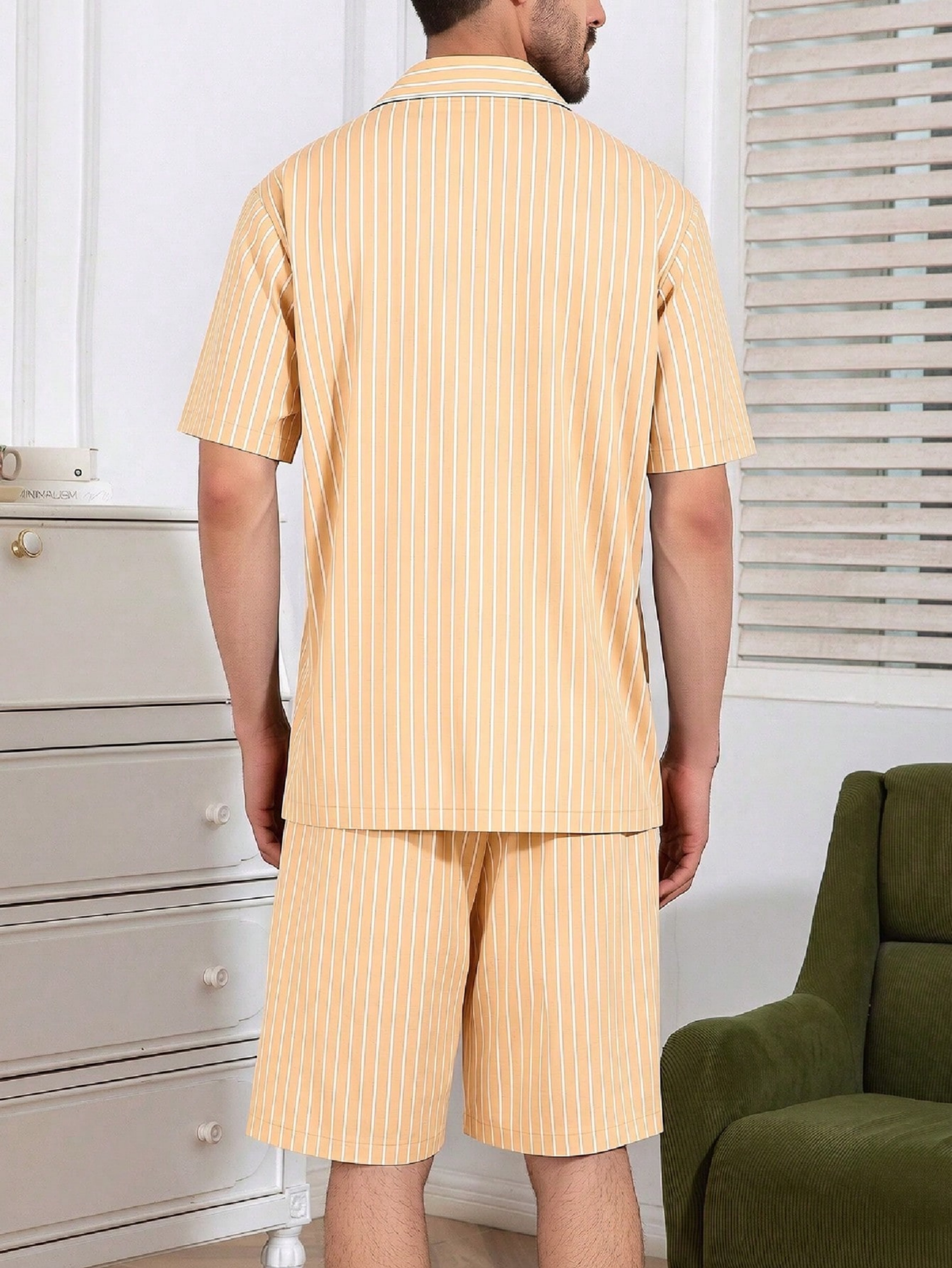 Men Orange Striped Short Pyjama Set