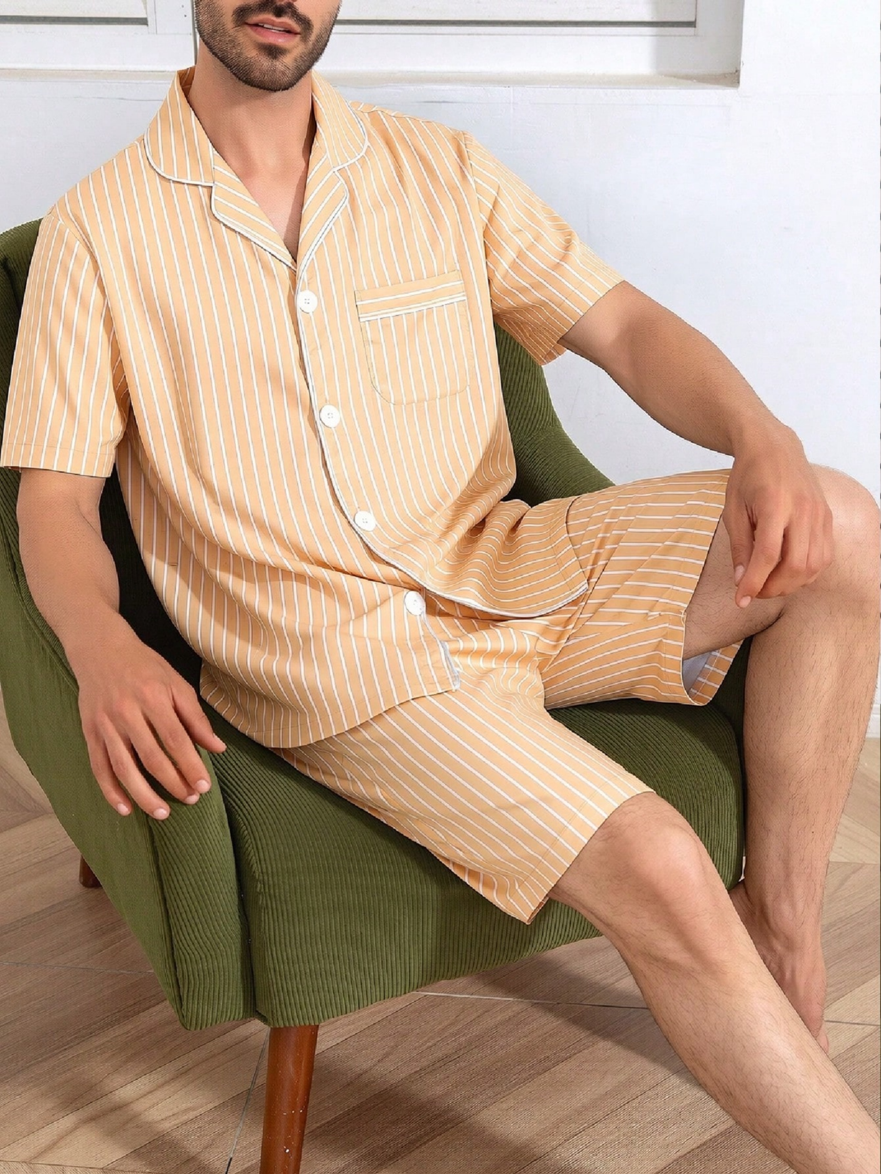 Men Orange Striped Short Pyjama Set