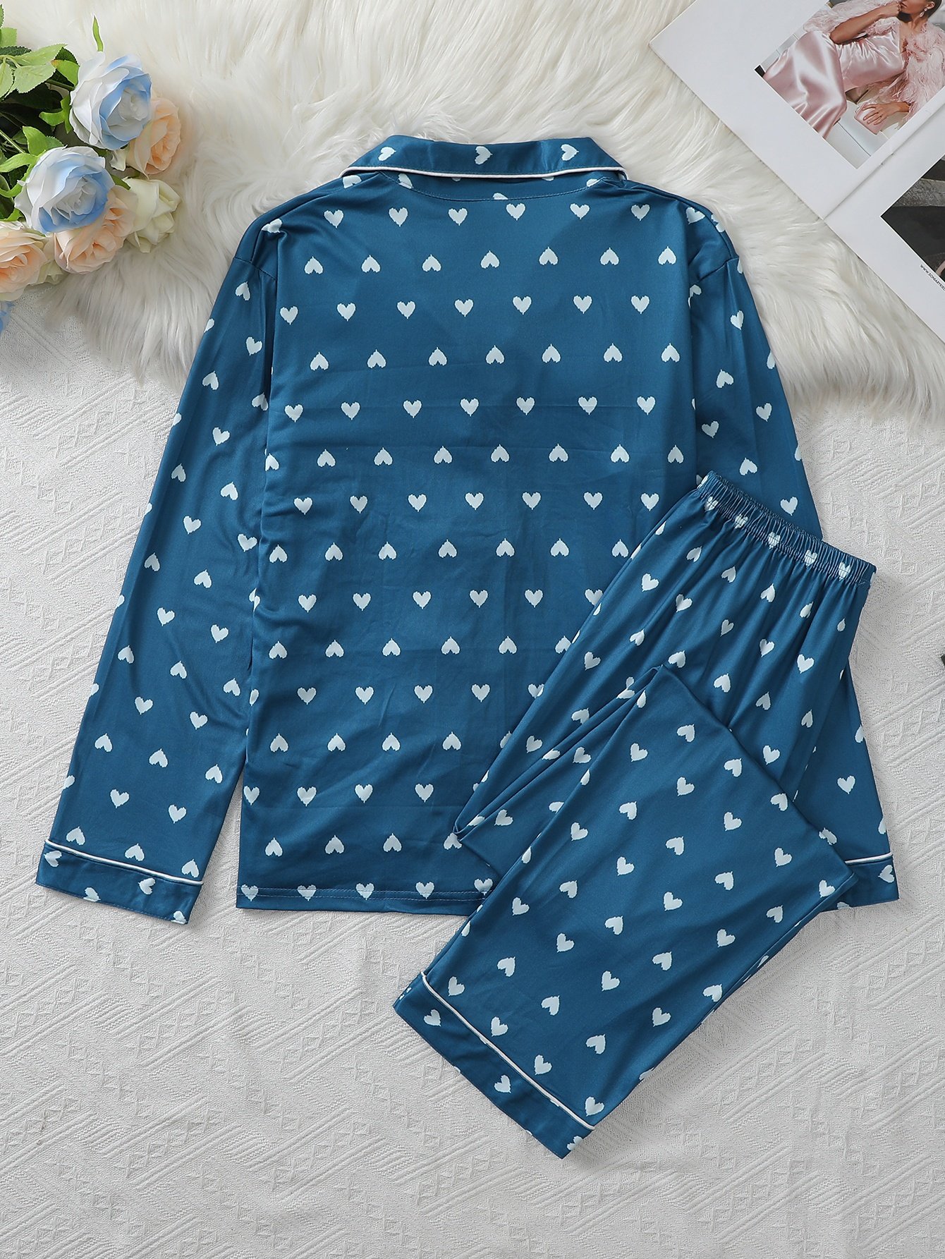 Blue Heart Print Long Sleeve Shirt and Pants Pyjama set