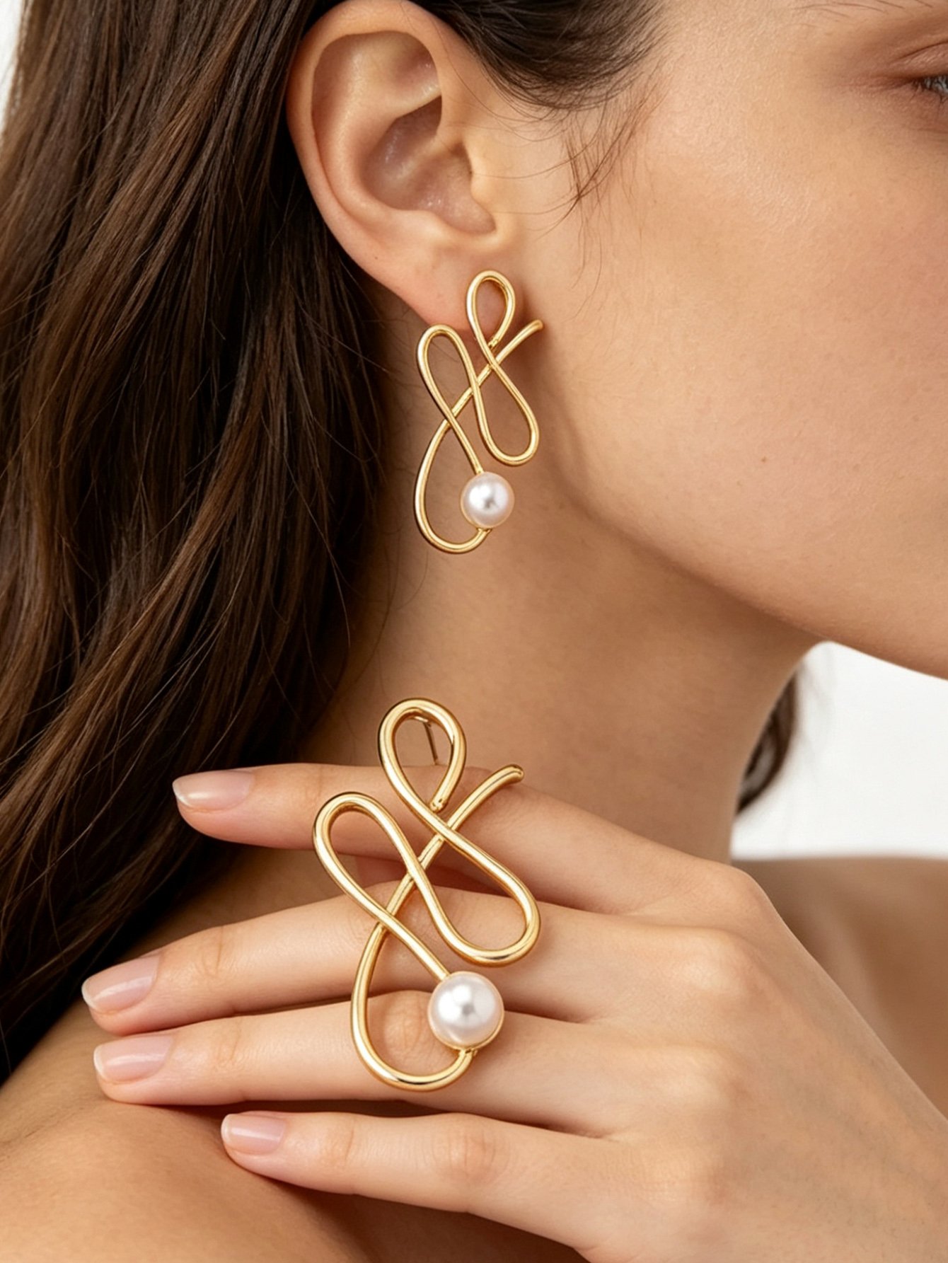 Gold Pearl Abstract Hoop Earrings for Women - Casual Style