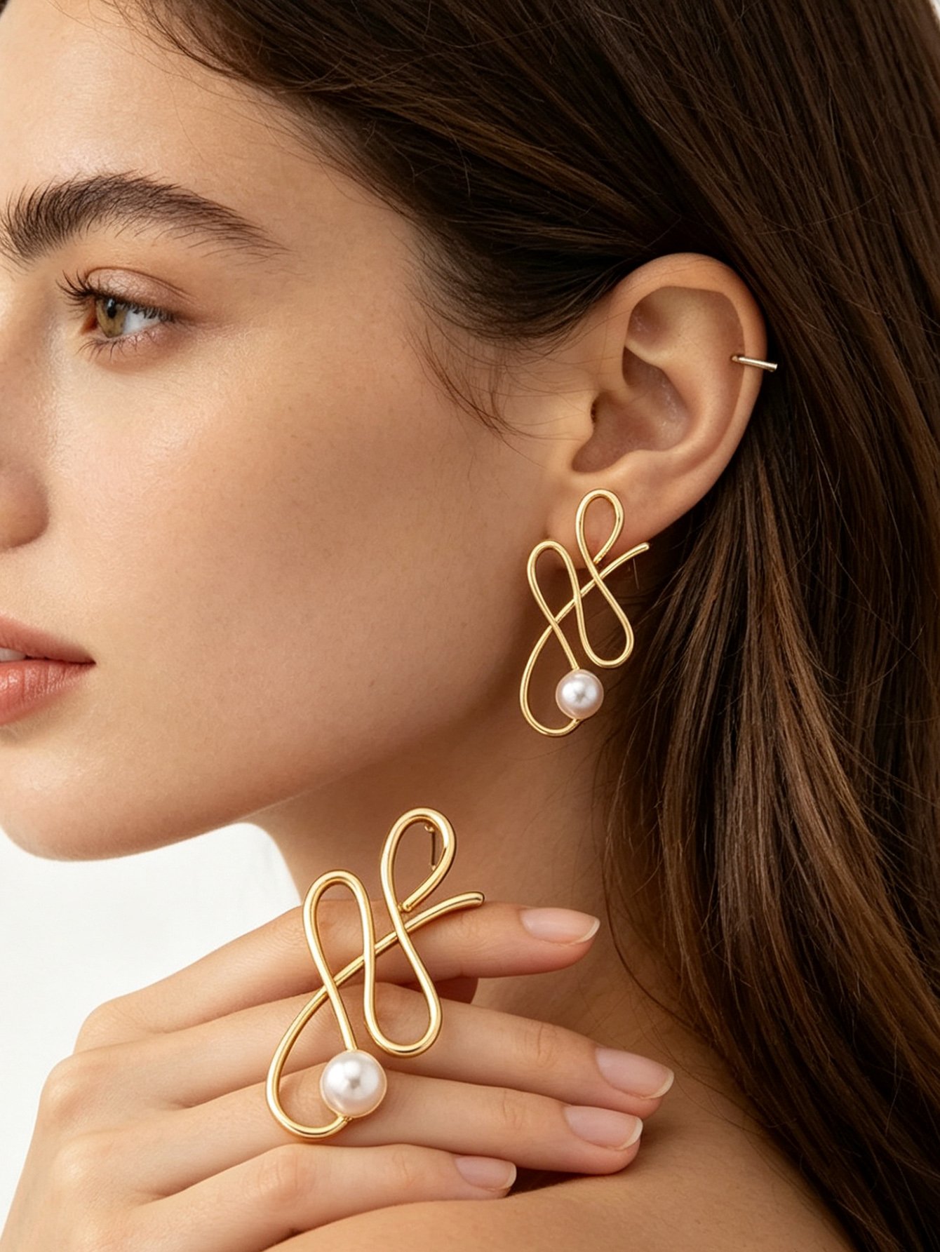 Gold Pearl Abstract Hoop Earrings for Women - Casual Style