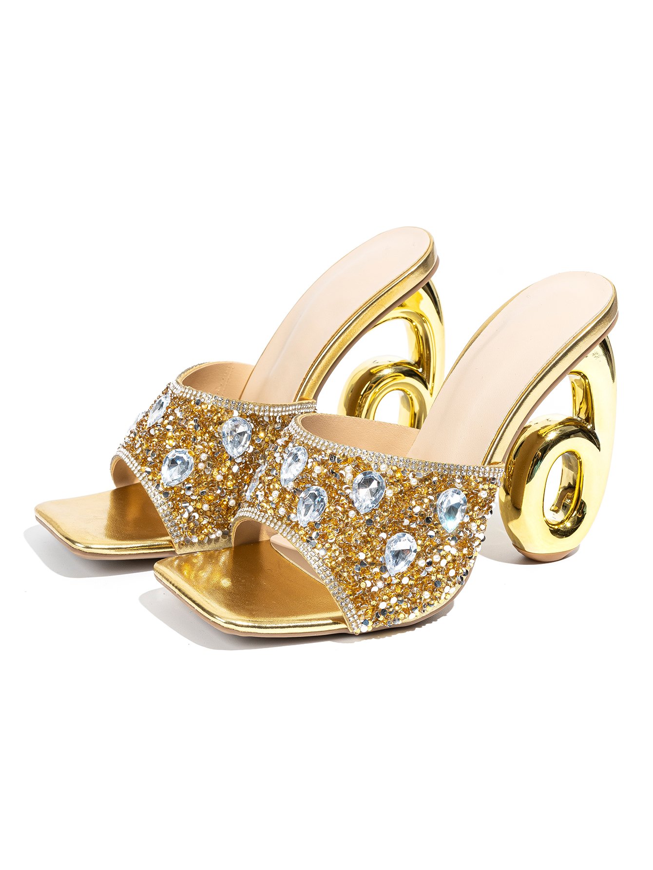 Dazzle in these Gold High Heels, adorned with sparkling embellishments and a unique heel, perfect for glamorous occasions.
