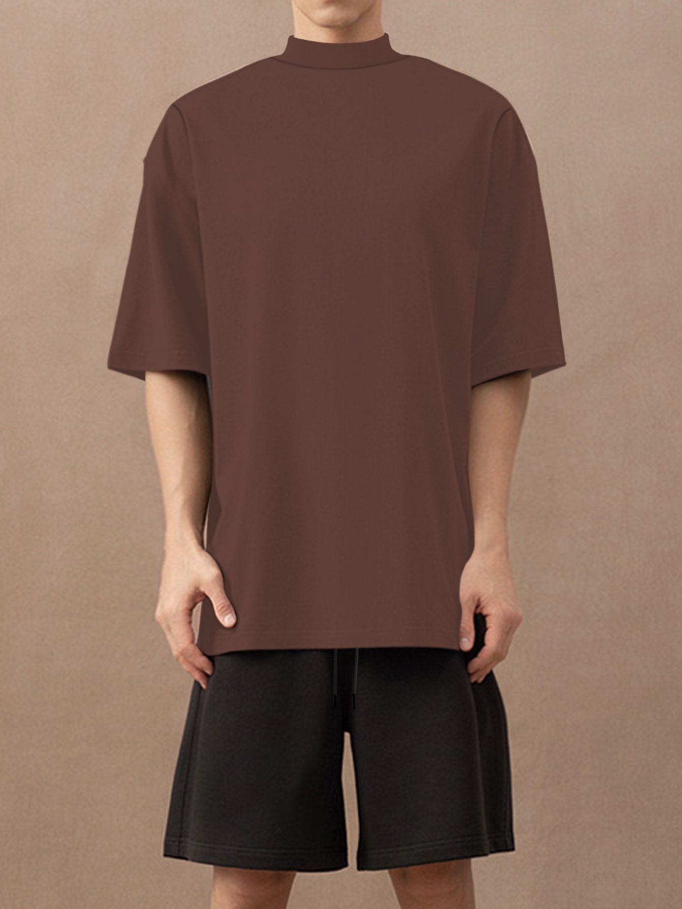 Coffee Brown High-Neck Relaxed Fit T-Shirt