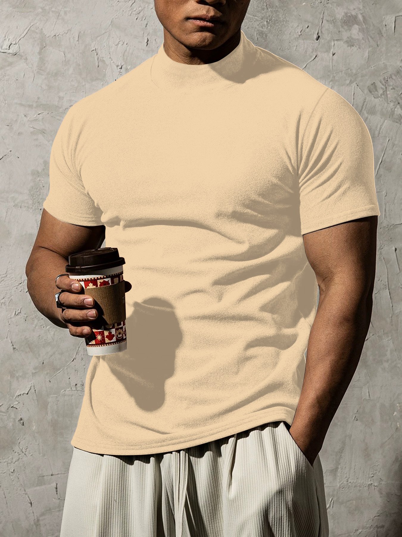 Beige High-Neck Short-Sleeve Regular Fit T-Shirt