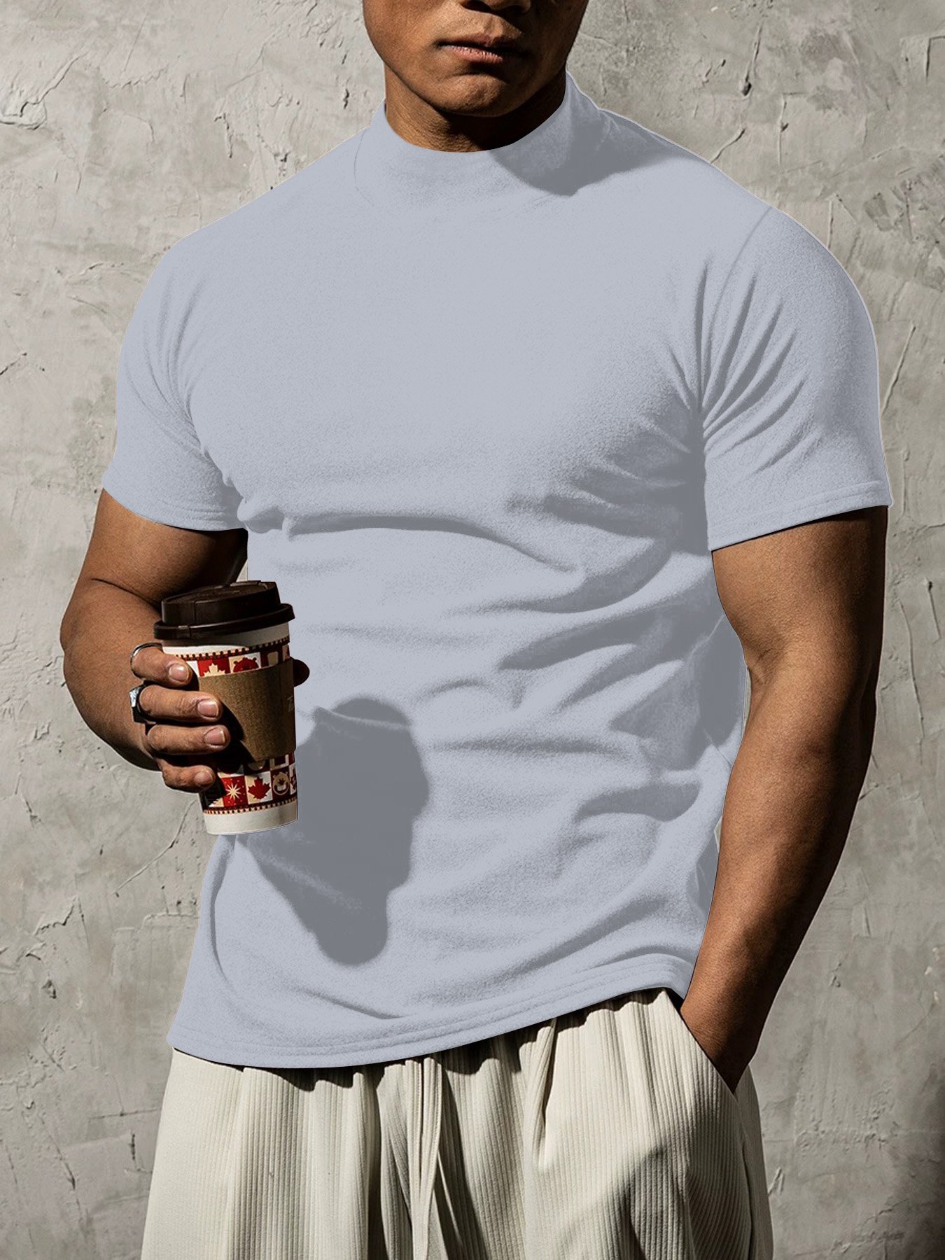 Grey High Neck Short Sleeve Regular Fit T-Shirt