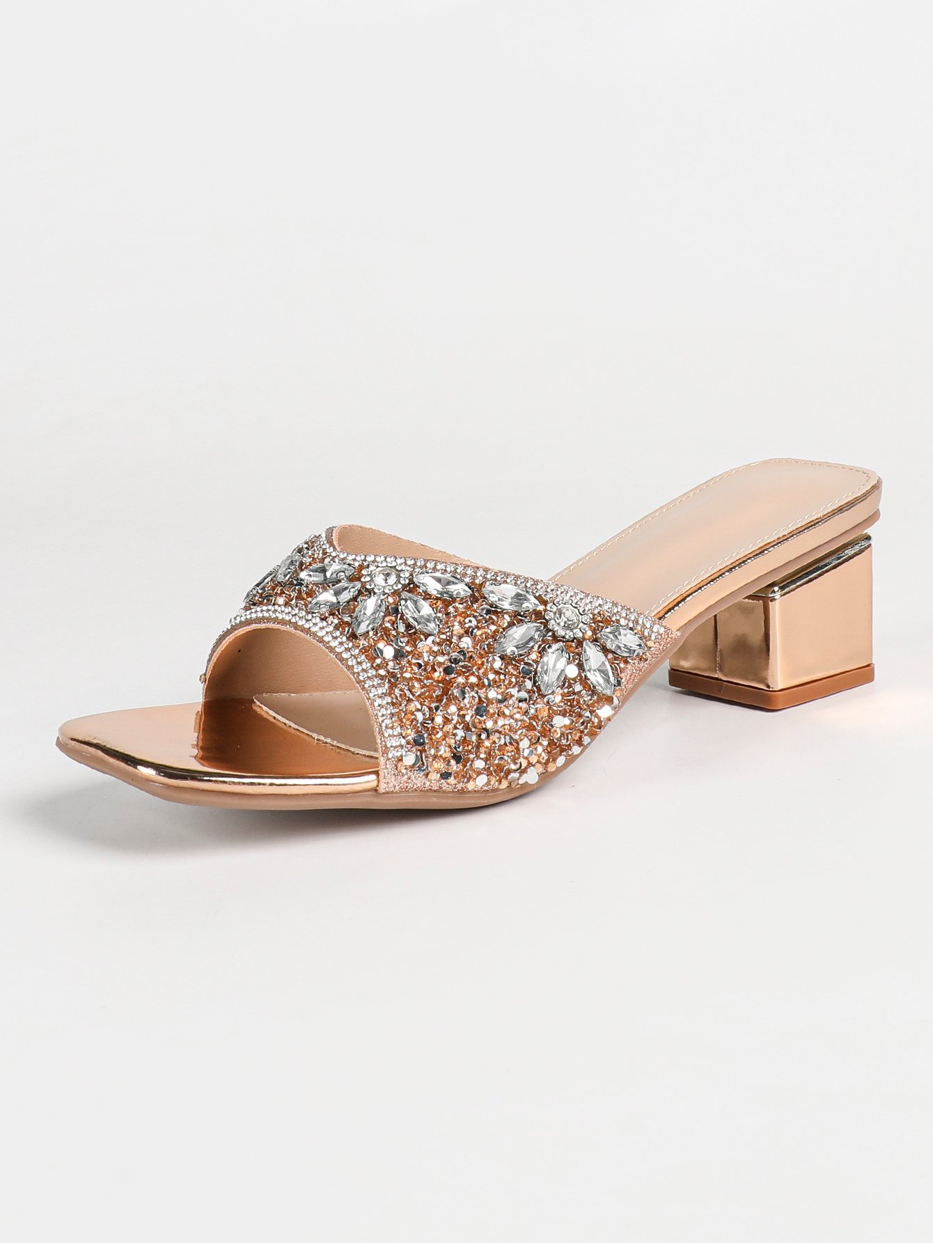 Sparkling Gold Mid Heel Sandals: Dazzling comfort for elegant steps, perfect for any occasion.