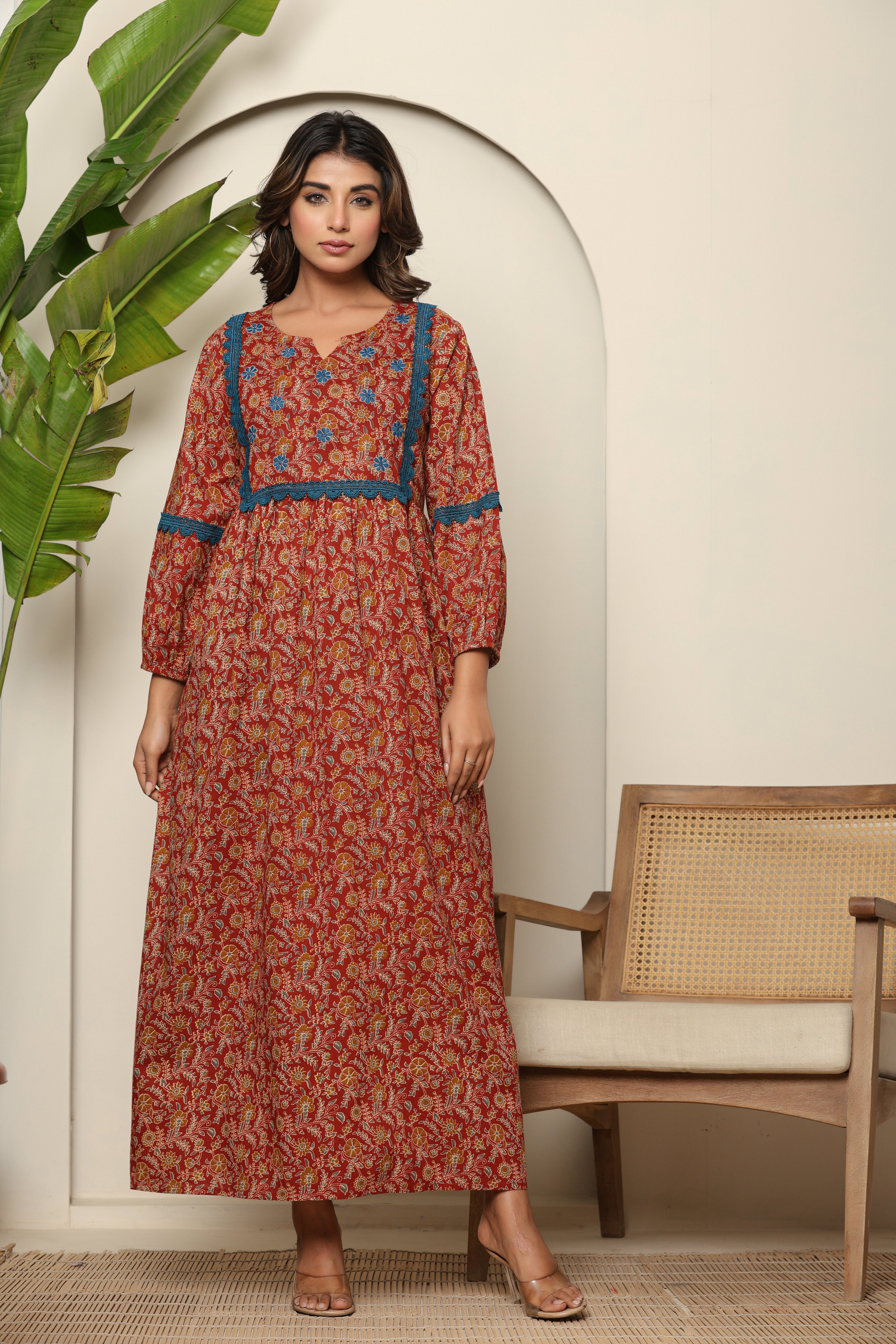 Rust Floral Print Long Sleeve Nightdress