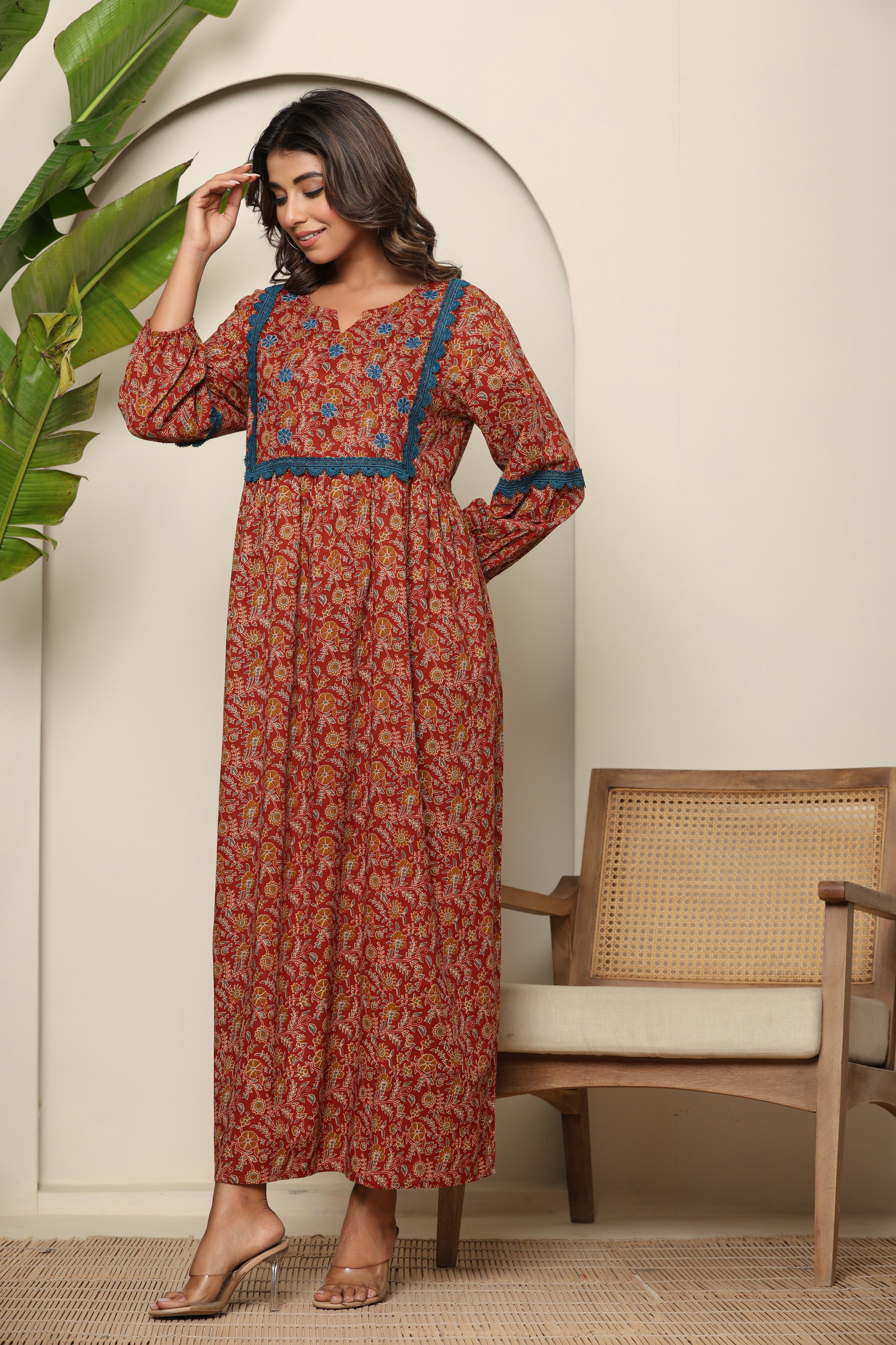 Rust Floral Print Long Sleeve Nightdress