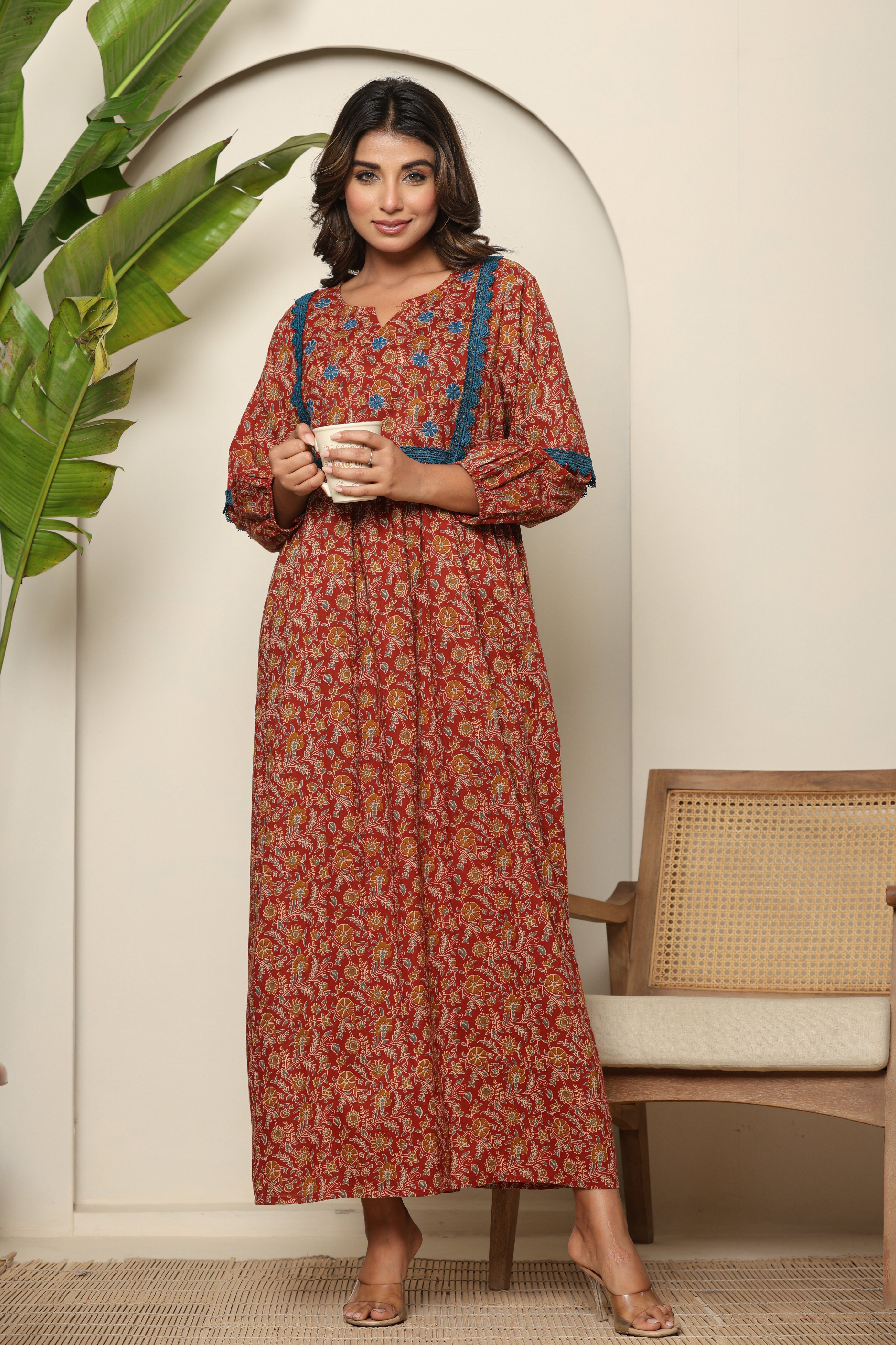 Rust Floral Print Long Sleeve Nightdress