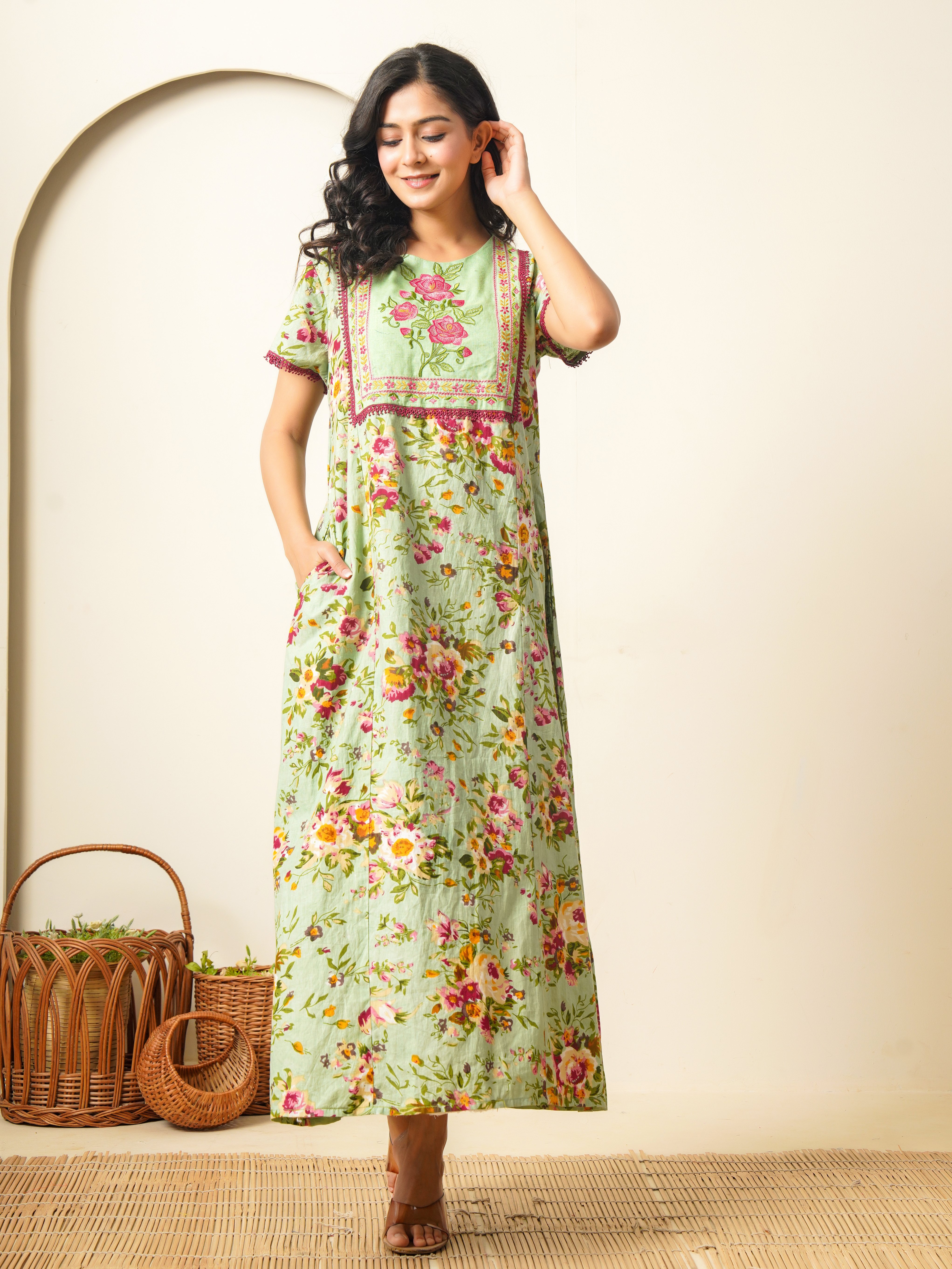 Floral Embroidered Cotton Nightdress with Short Sleeves