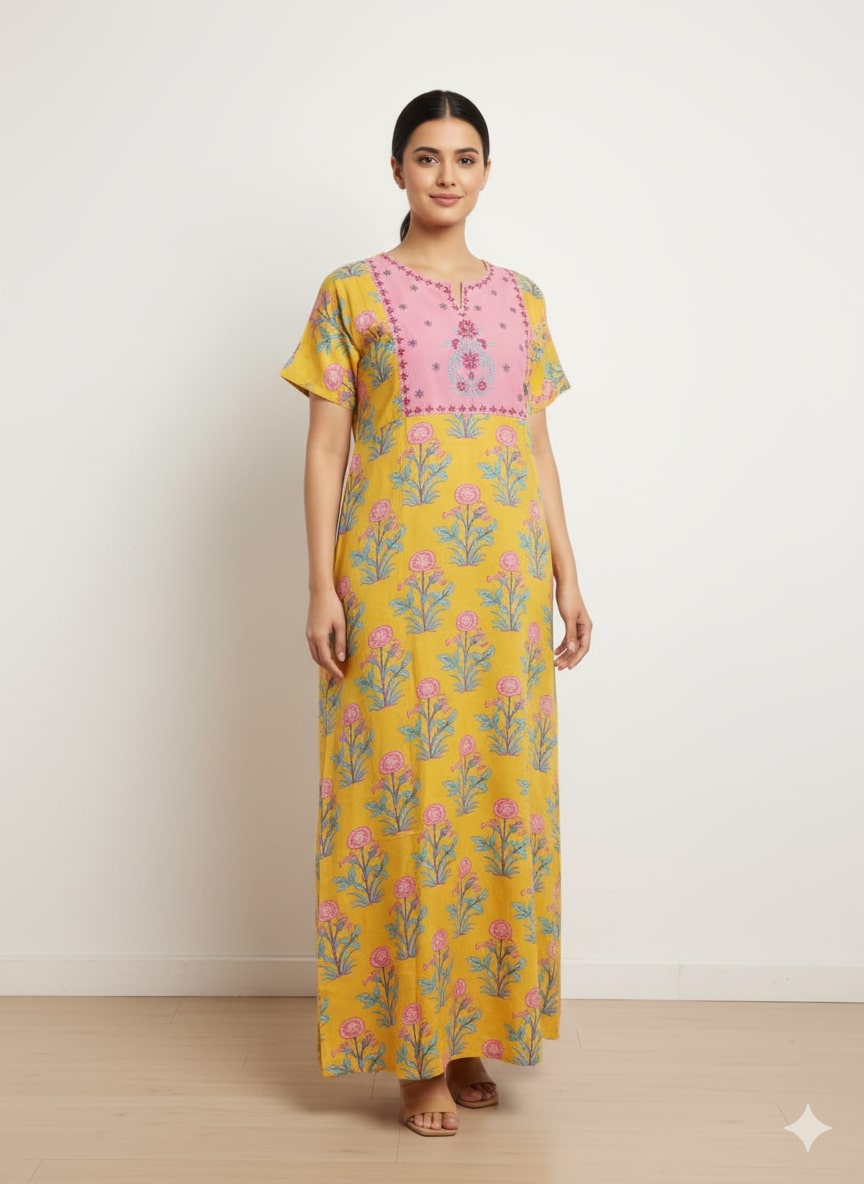 Mustard Floral Print Short Sleeve Nightdress