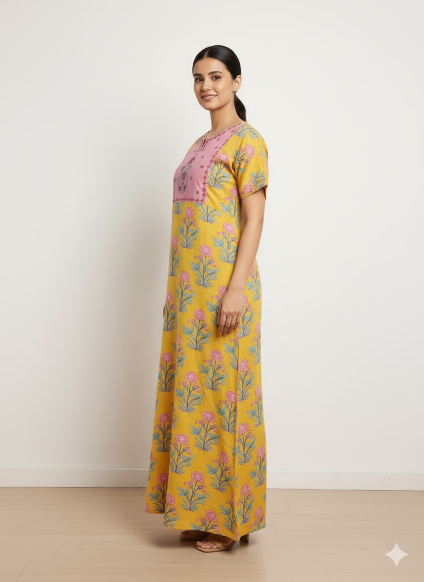 Mustard Floral Print Short Sleeve Nightdress