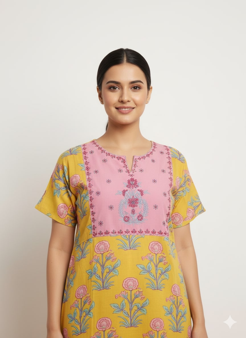 Mustard Floral Print Short Sleeve Nightdress