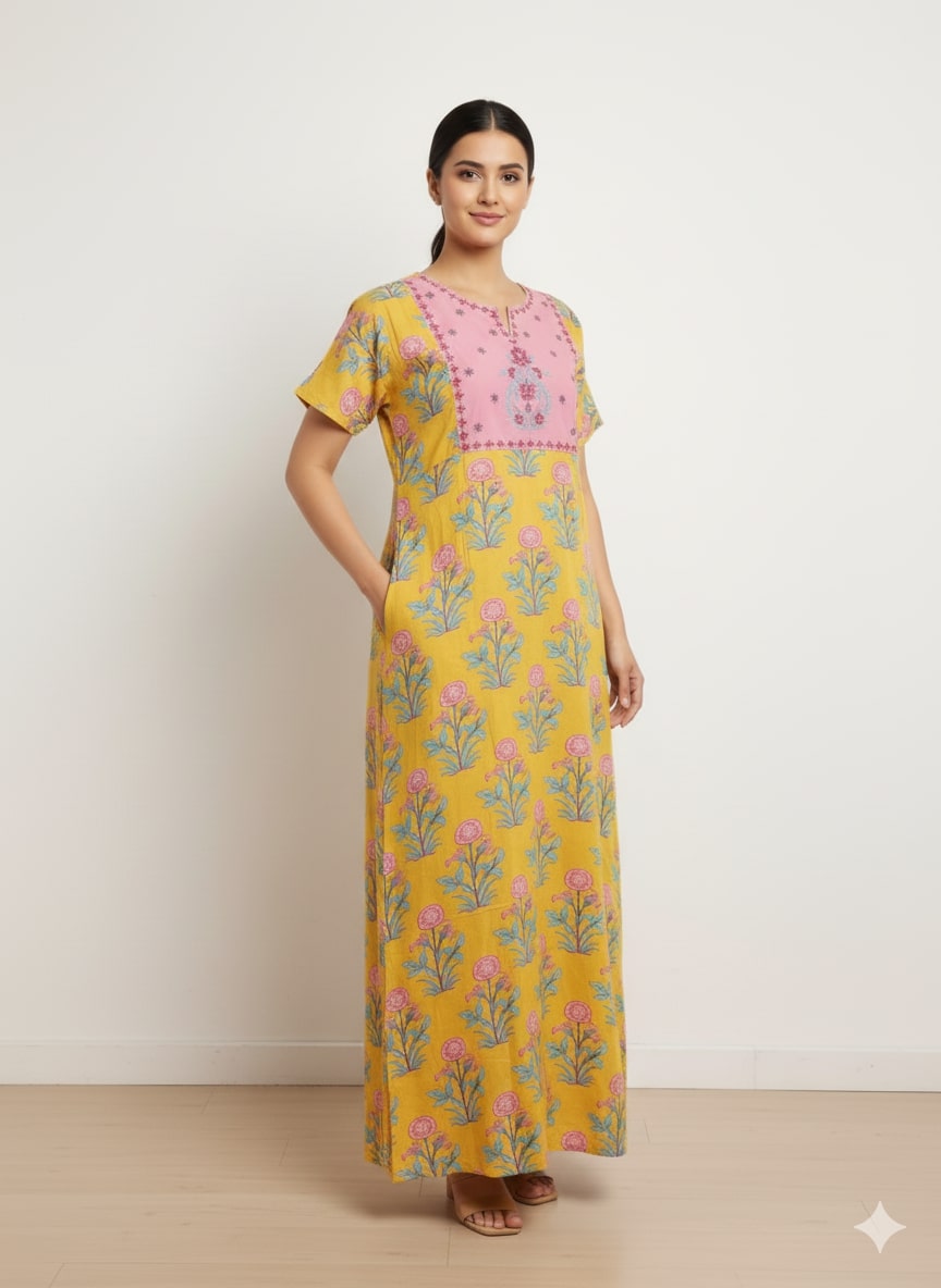 Mustard Floral Print Short Sleeve Nightdress