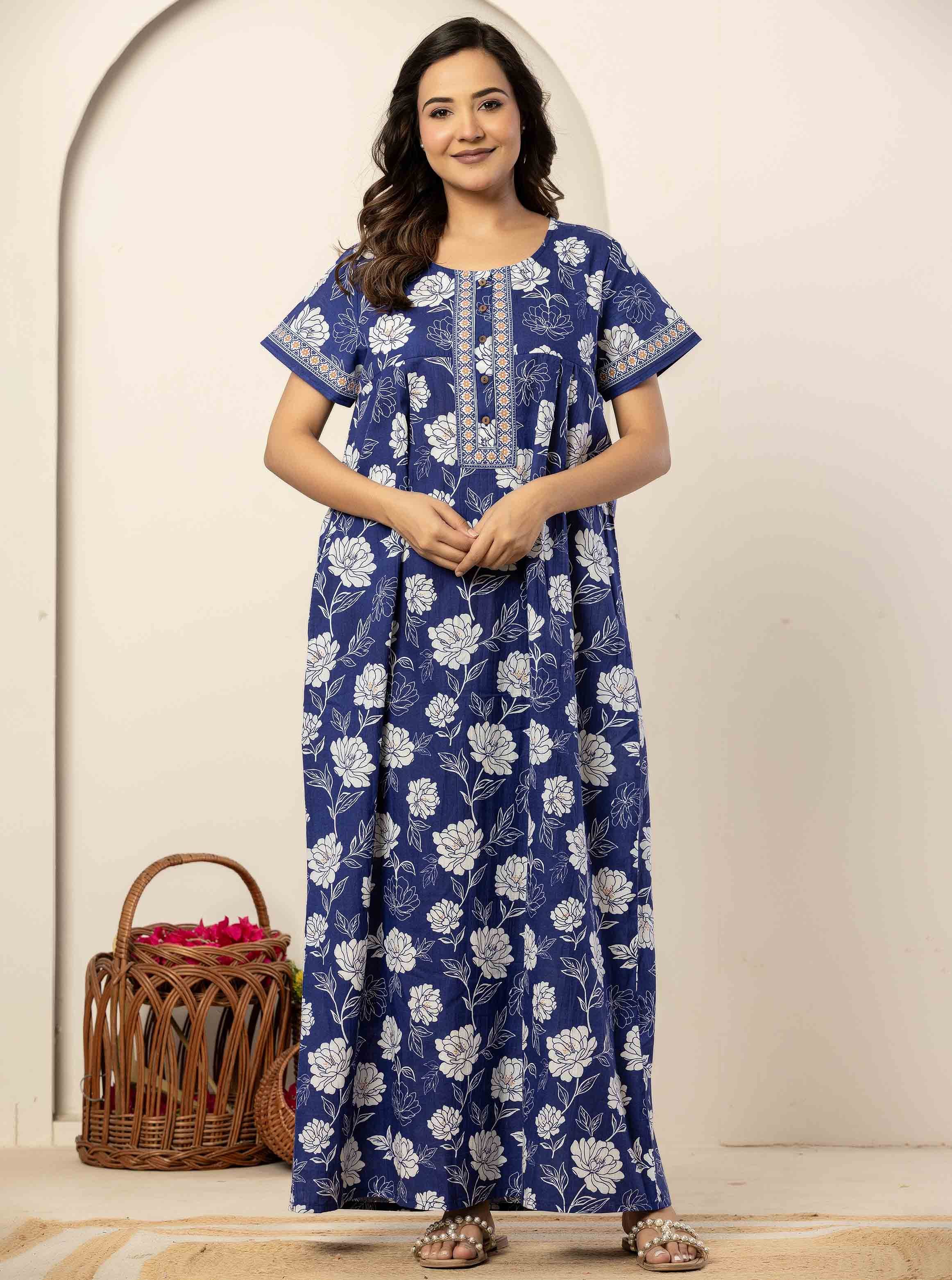 Floral Print Blue Cotton Short Sleeve Nightdress