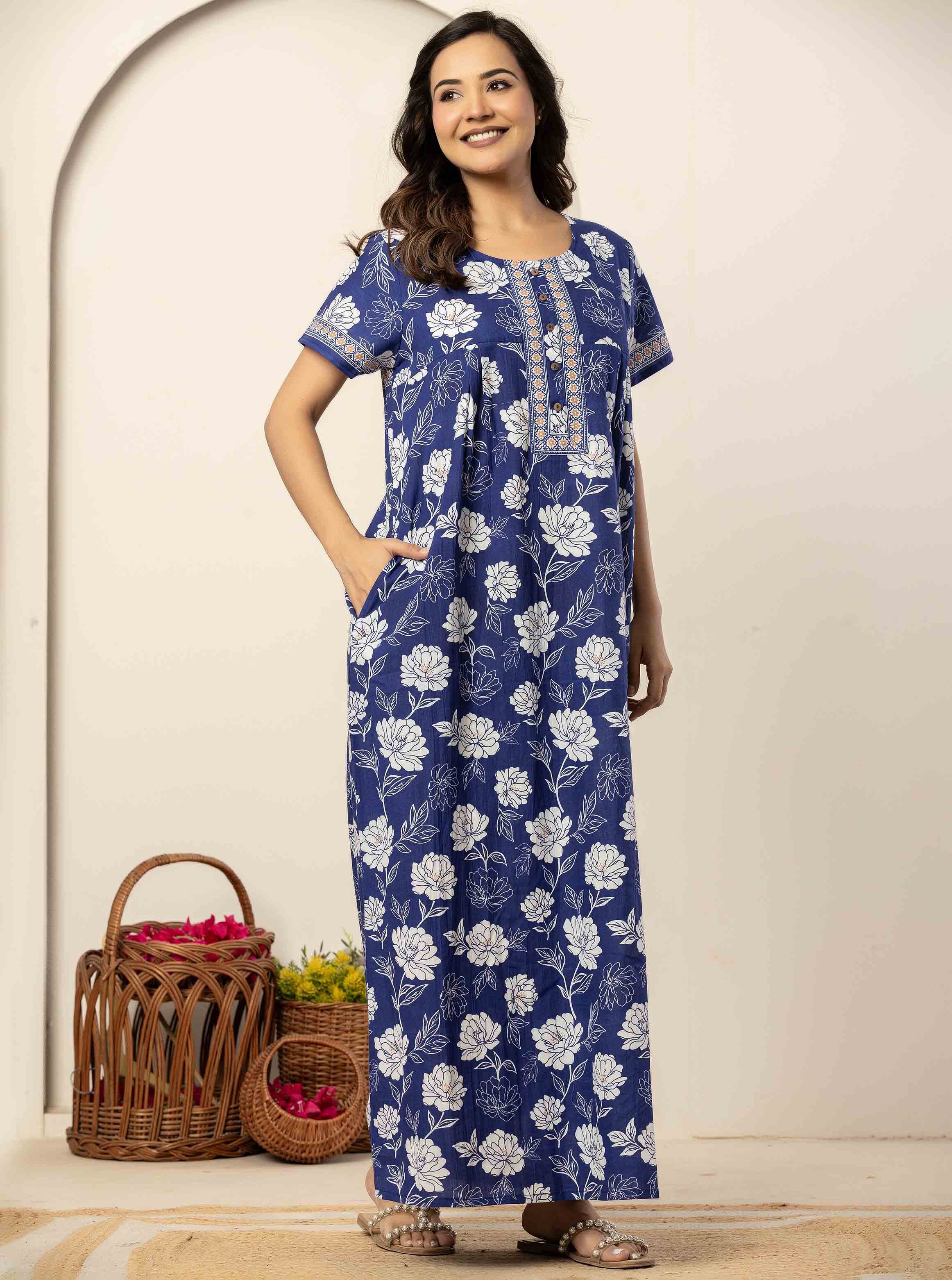 Floral Print Blue Cotton Short Sleeve Nightdress