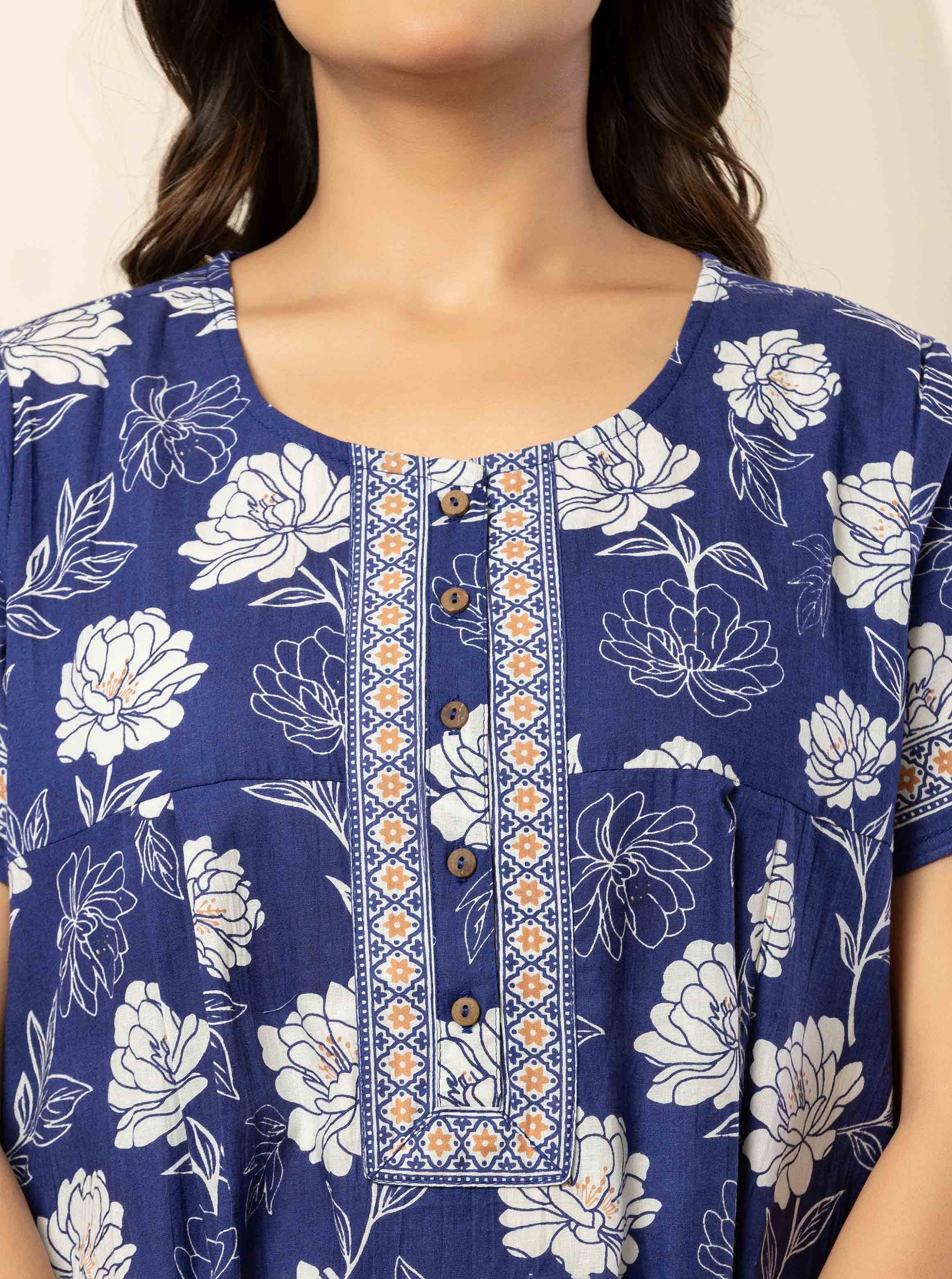Floral Print Blue Cotton Short Sleeve Nightdress