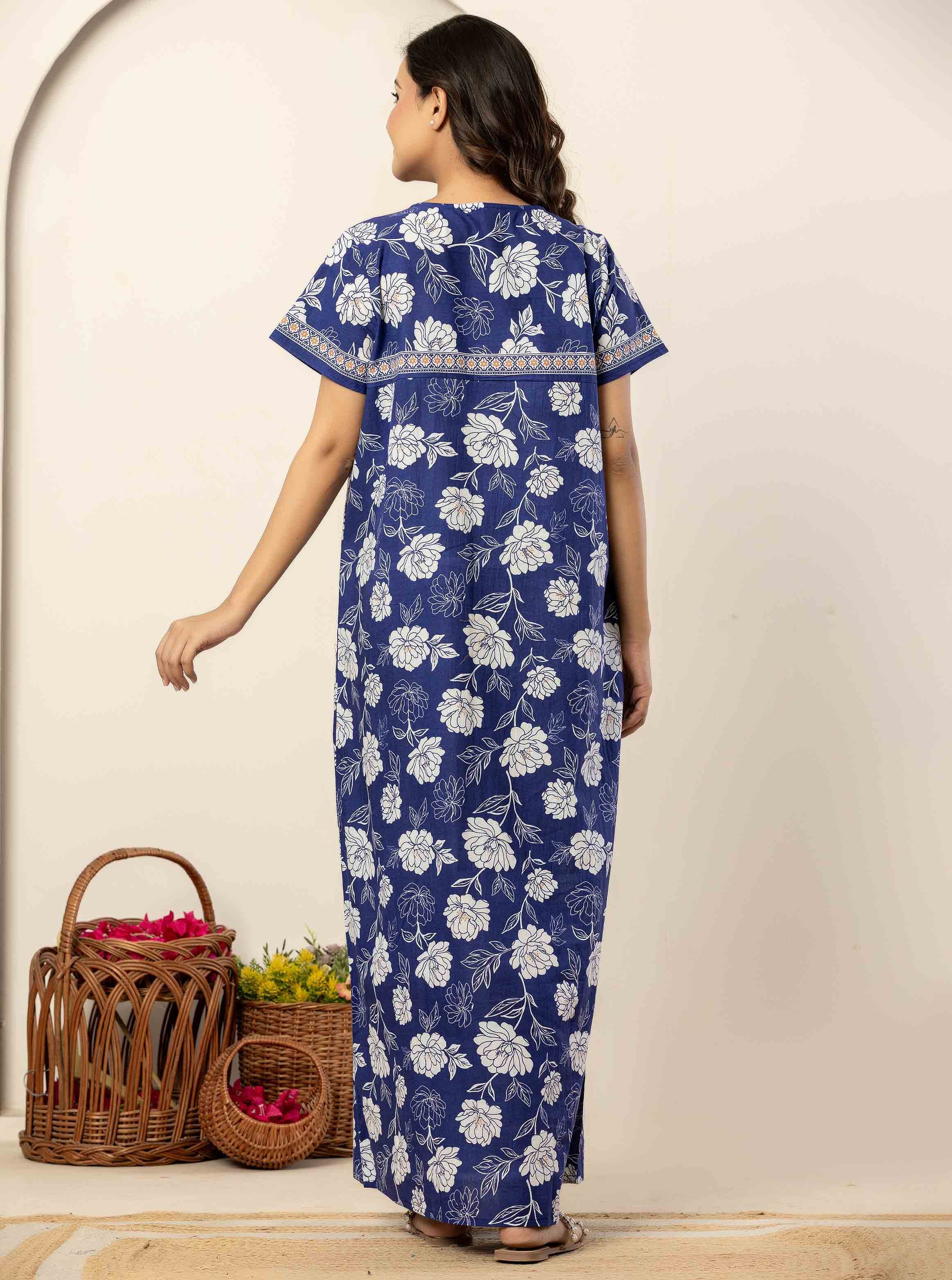 Floral Print Blue Cotton Short Sleeve Nightdress