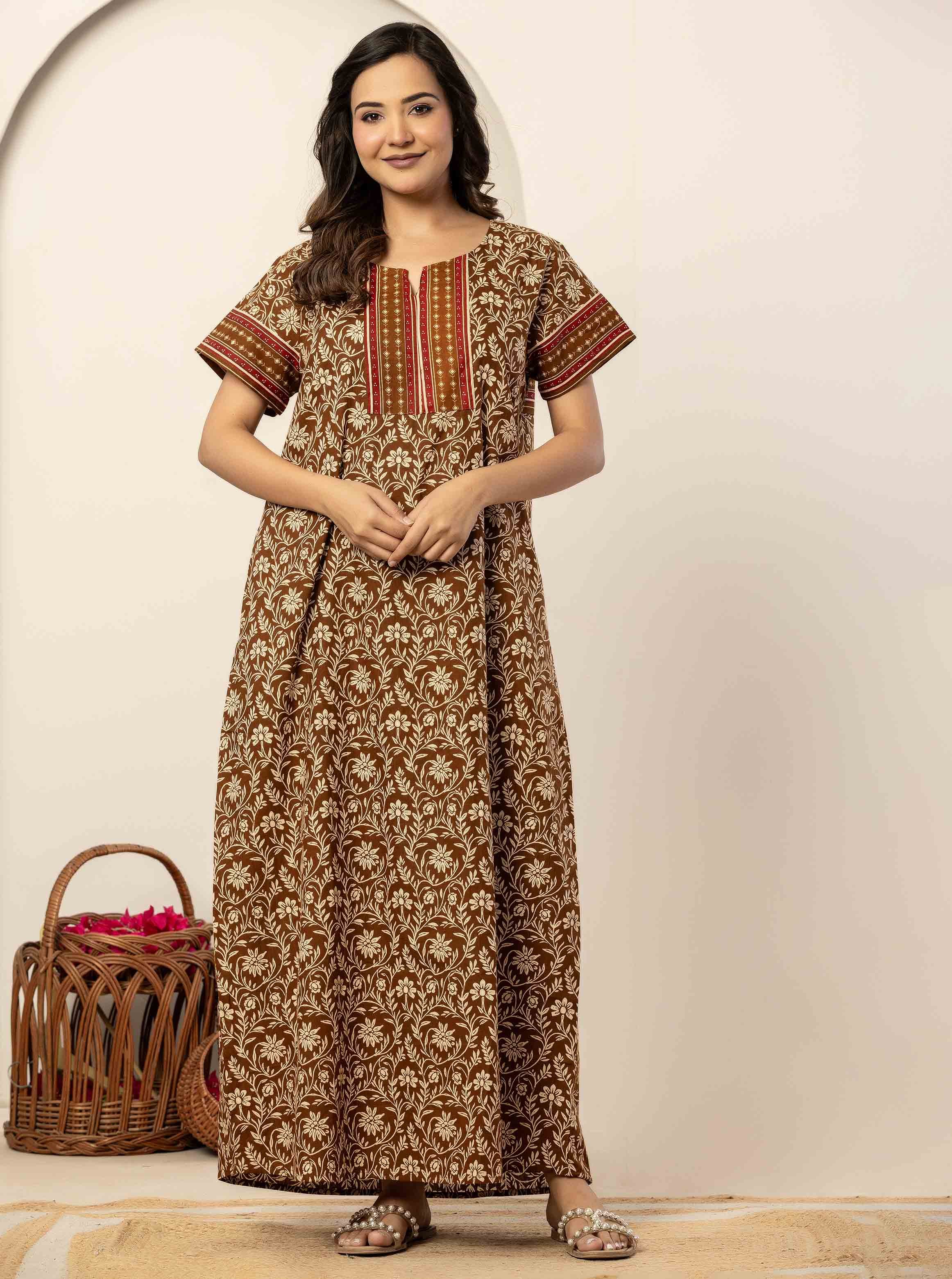 Brown Floral Cotton Short Sleeve Nightdress