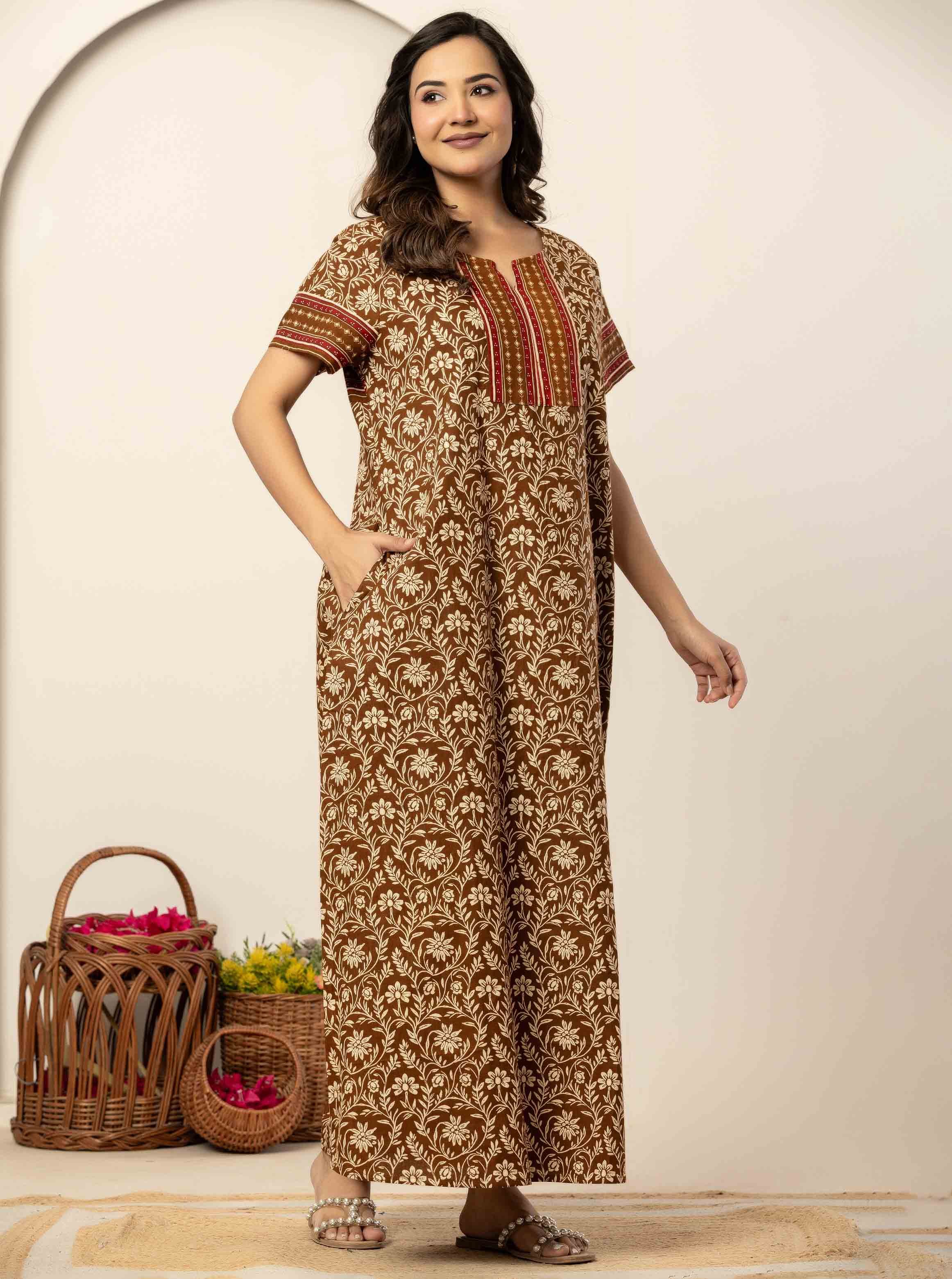 Brown Floral Cotton Short Sleeve Nightdress