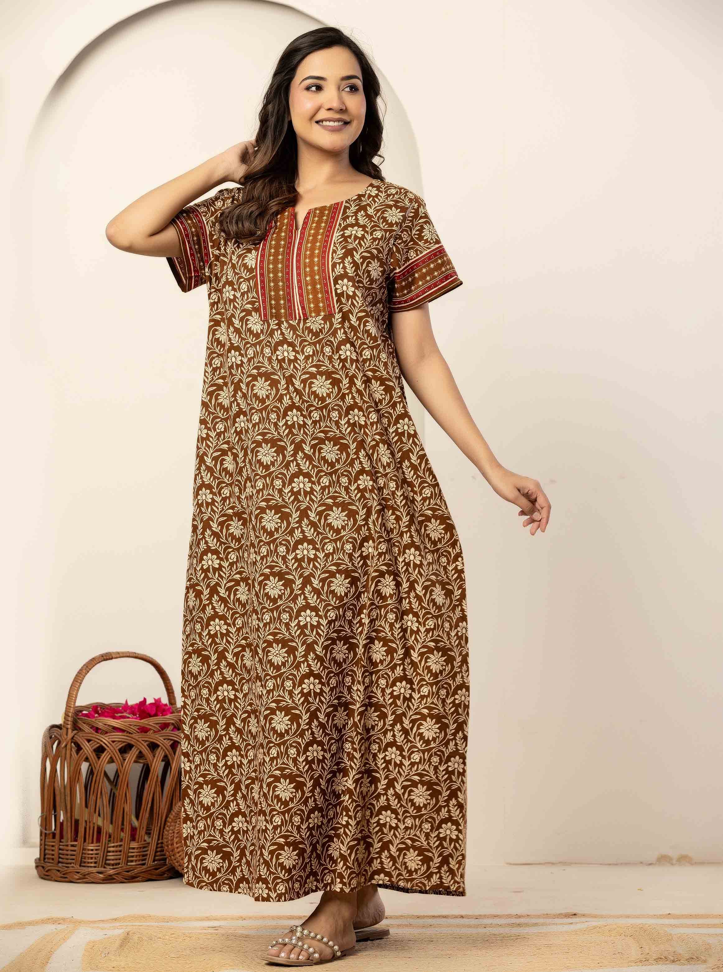 Brown Floral Cotton Short Sleeve Nightdress