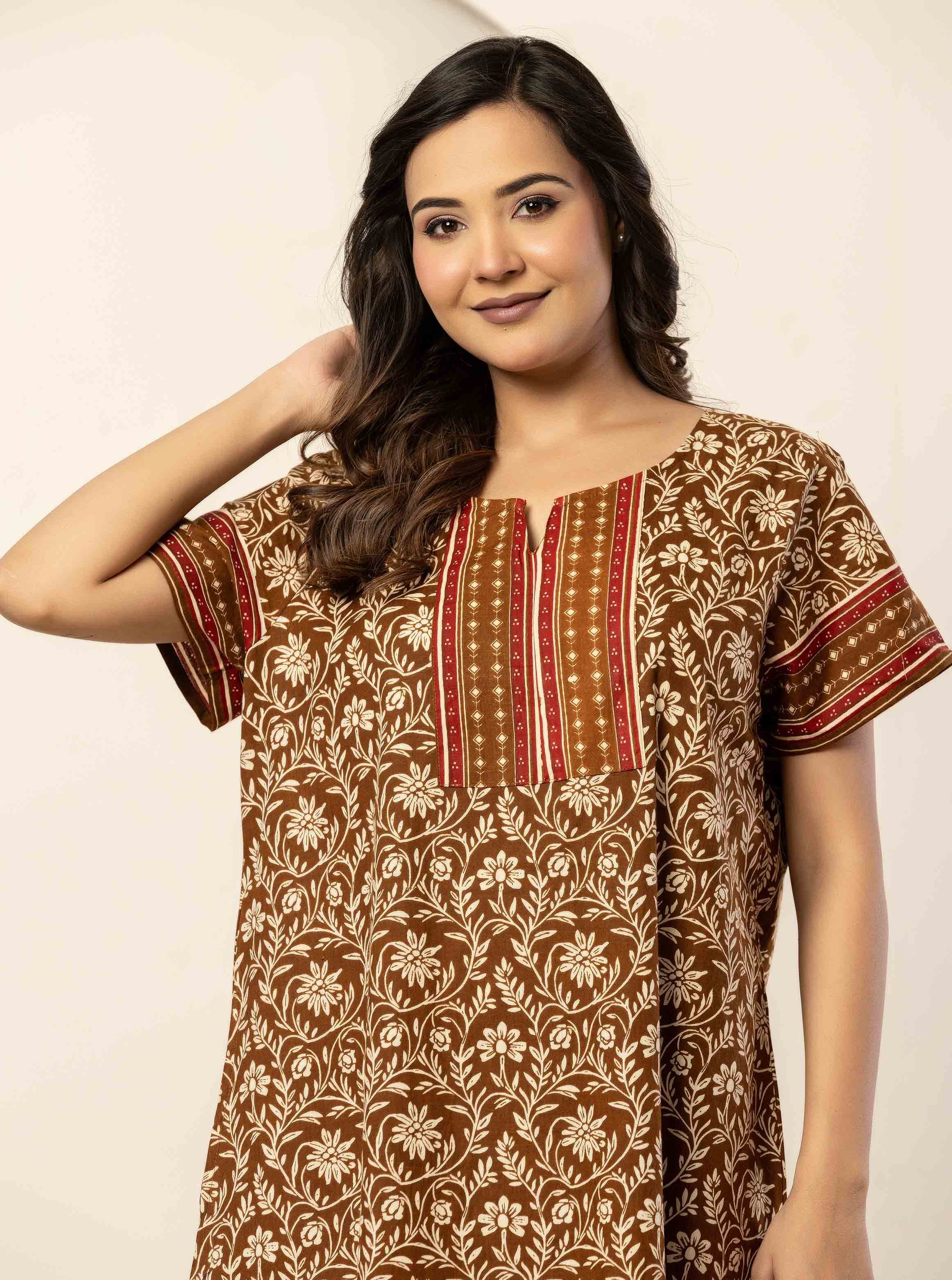 Brown Floral Cotton Short Sleeve Nightdress