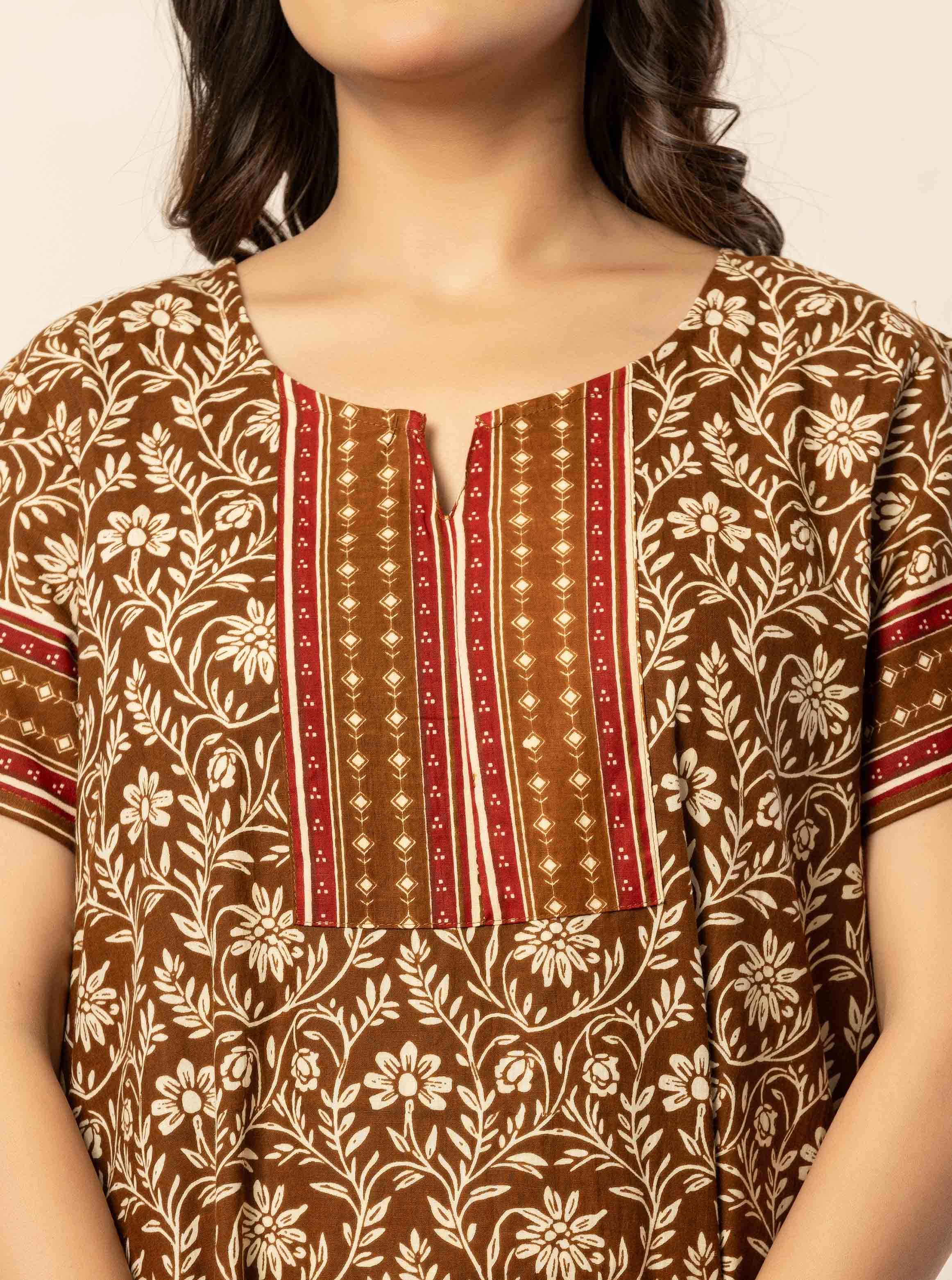 Brown Floral Cotton Short Sleeve Nightdress