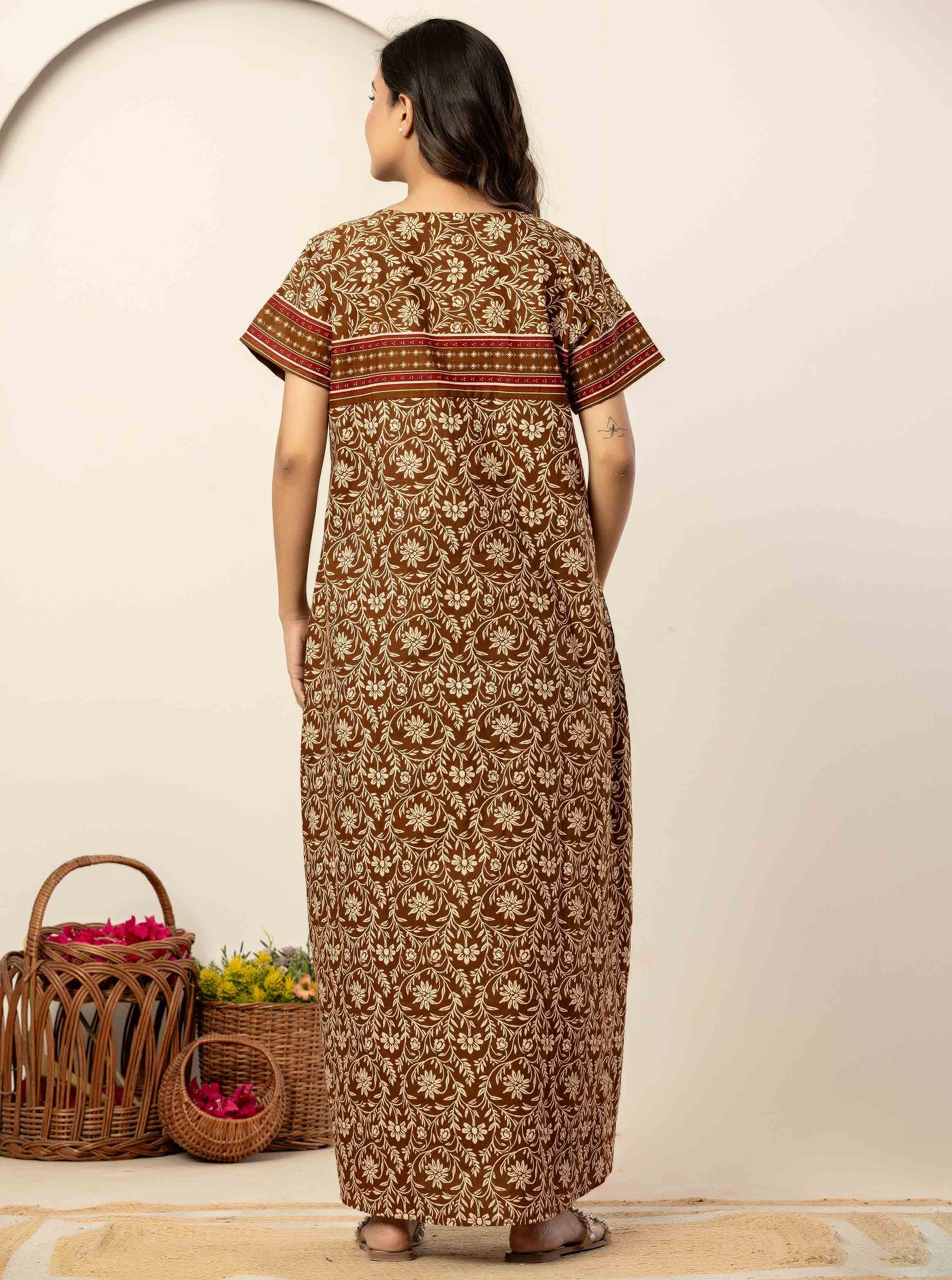 Brown Floral Cotton Short Sleeve Nightdress