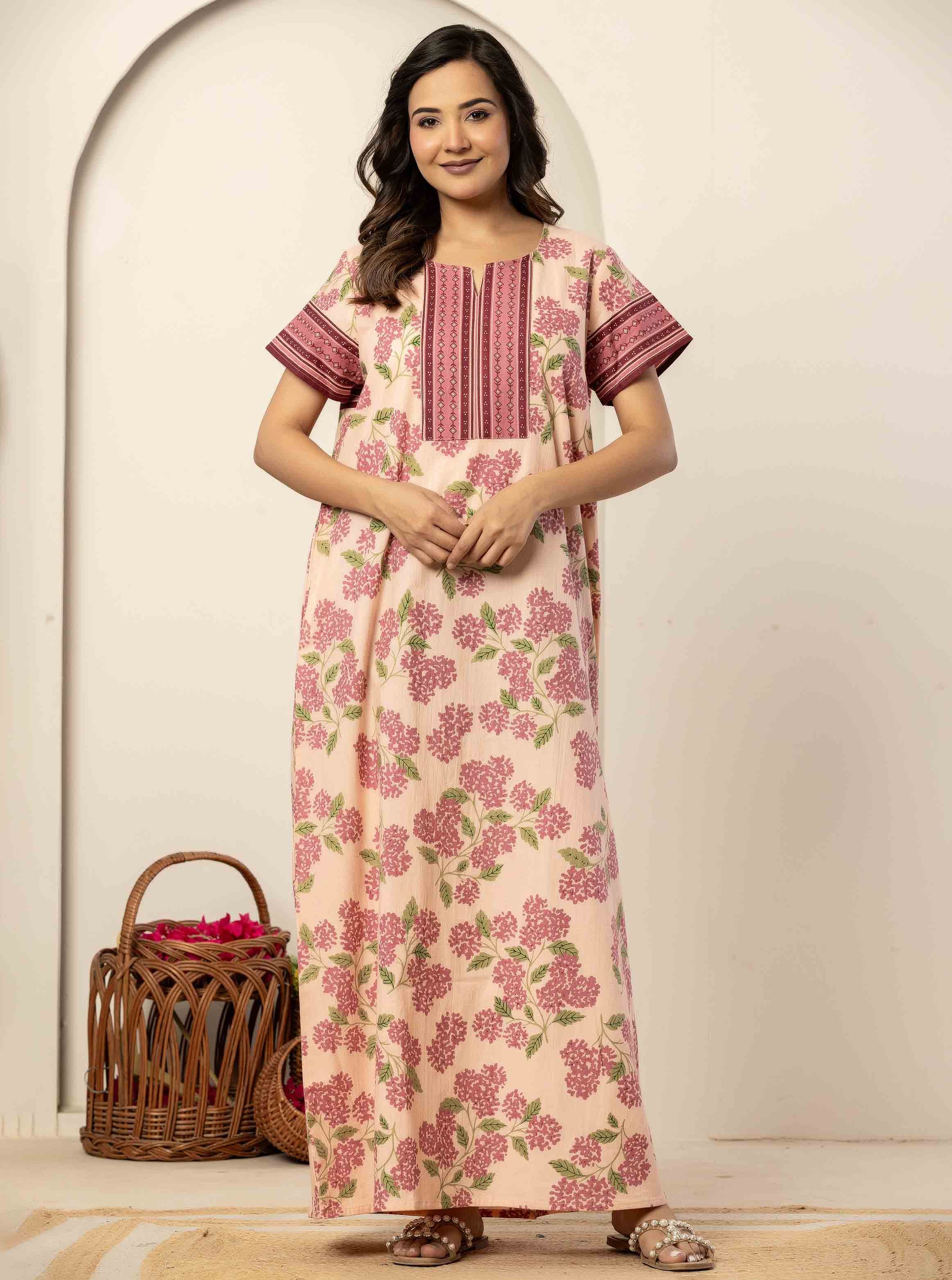 Peach Floral Short Sleeve Cotton Nightdress