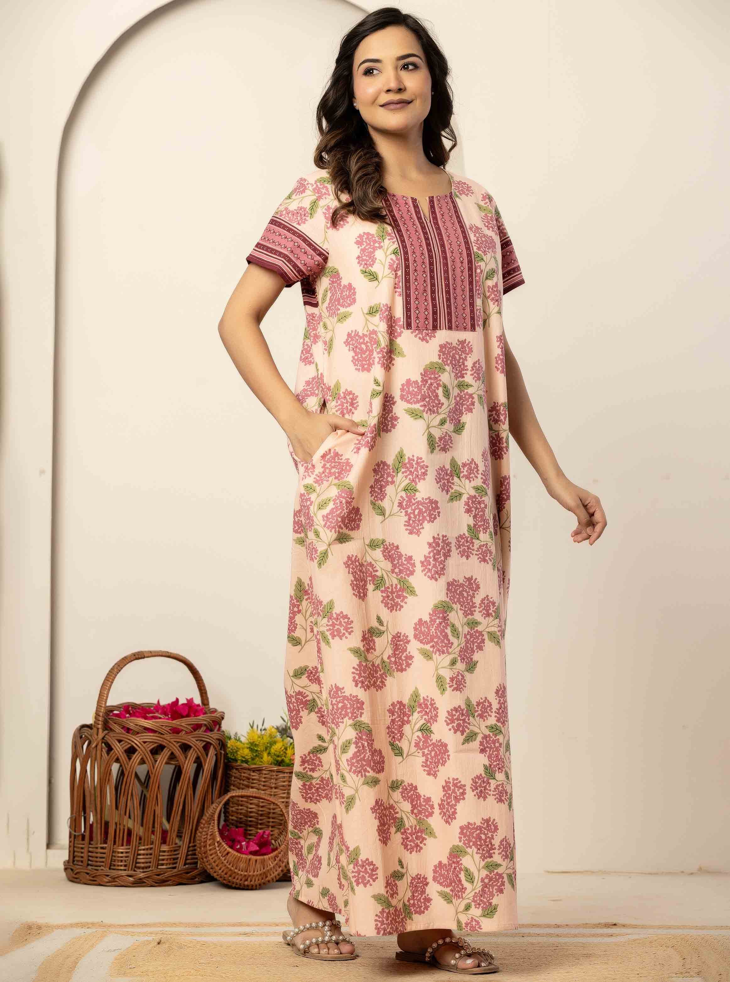 Peach Floral Short Sleeve Cotton Nightdress