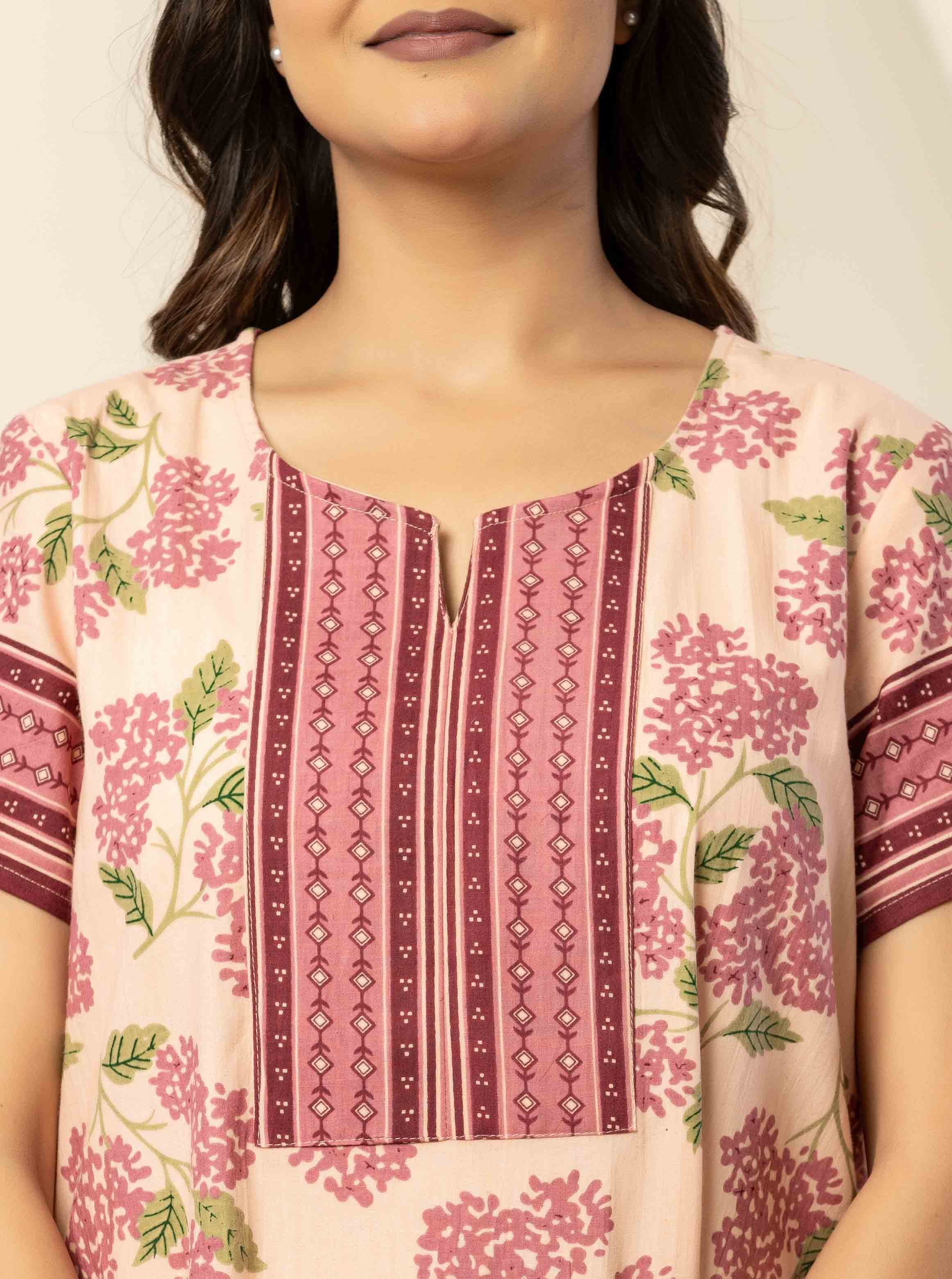 Peach Floral Short Sleeve Cotton Nightdress