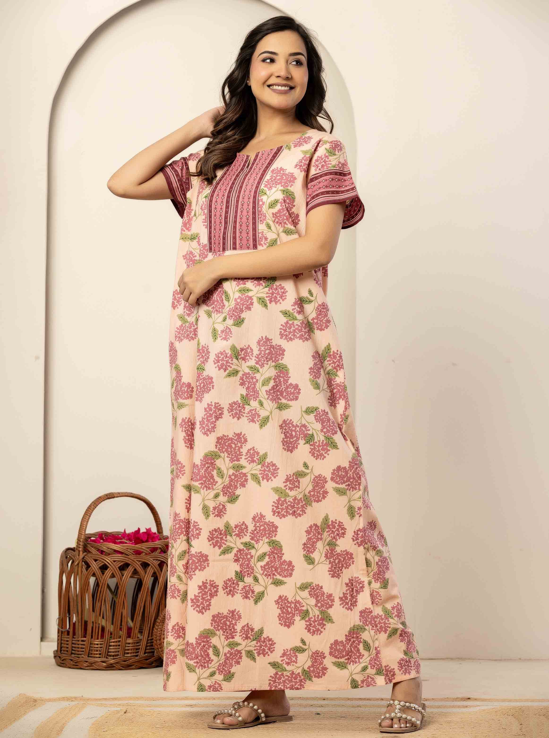 Peach Floral Short Sleeve Cotton Nightdress