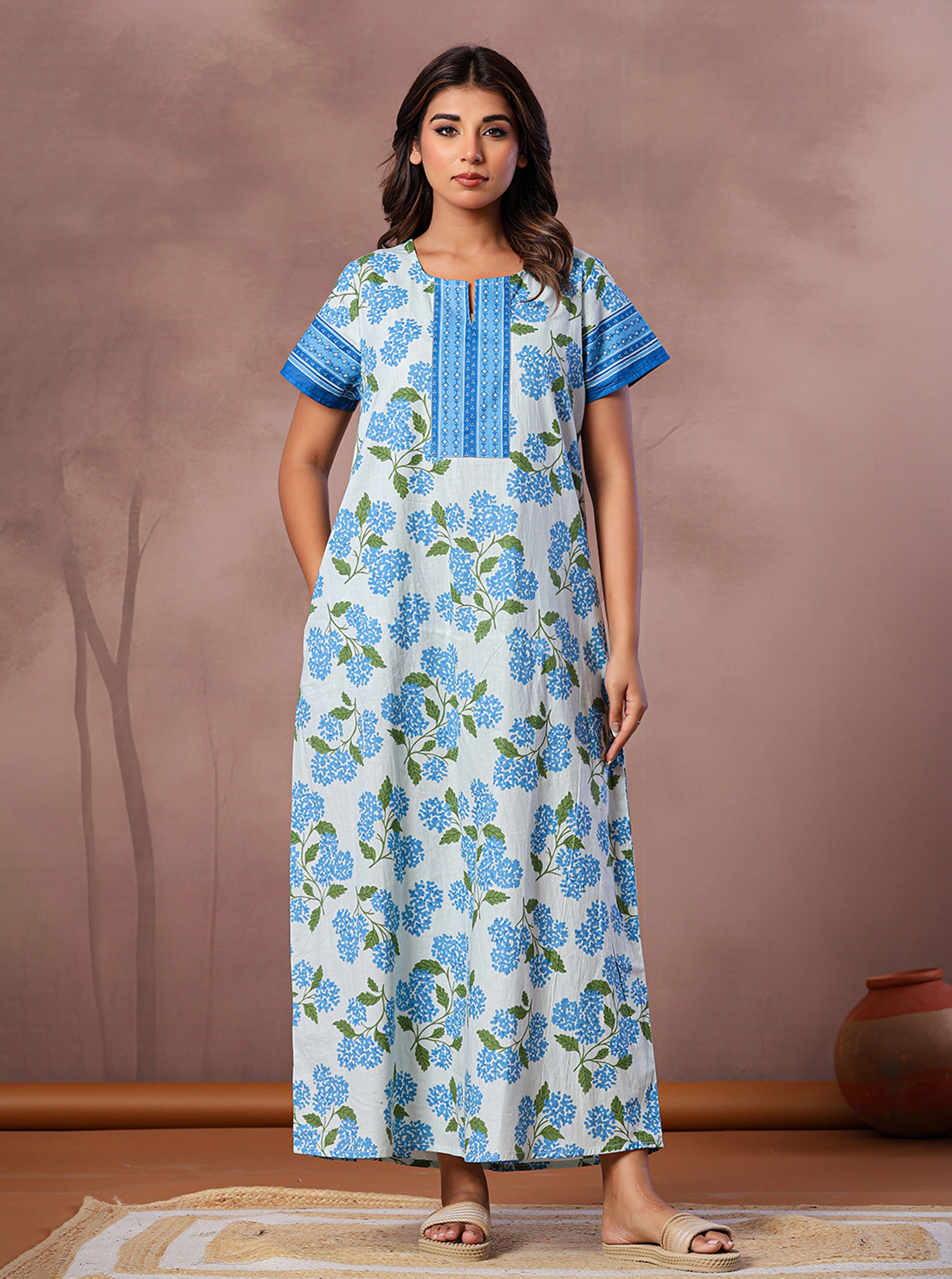 Blue Floral Cotton Nightdress with Short Sleeves
