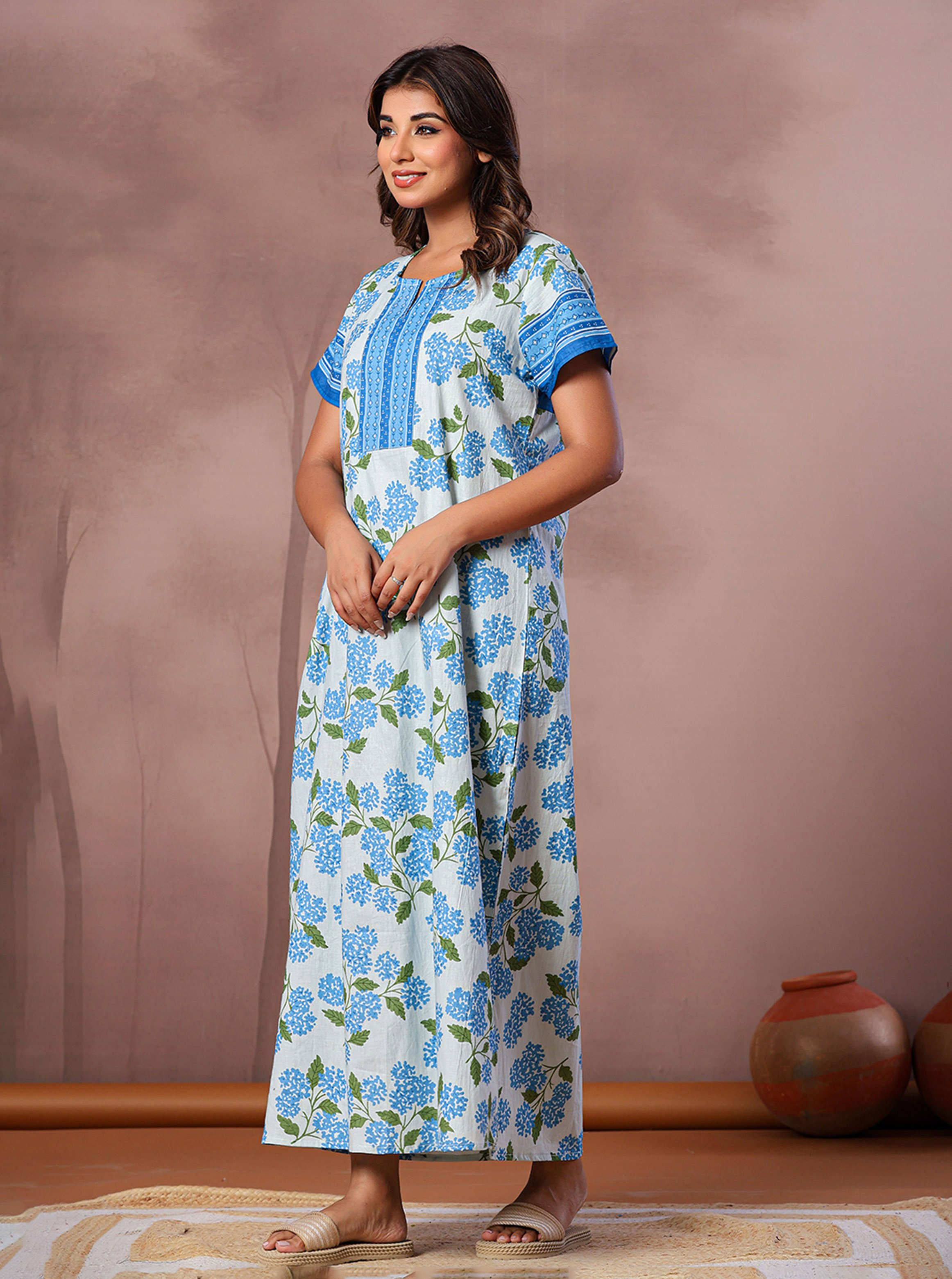 Blue Floral Cotton Nightdress with Short Sleeves
