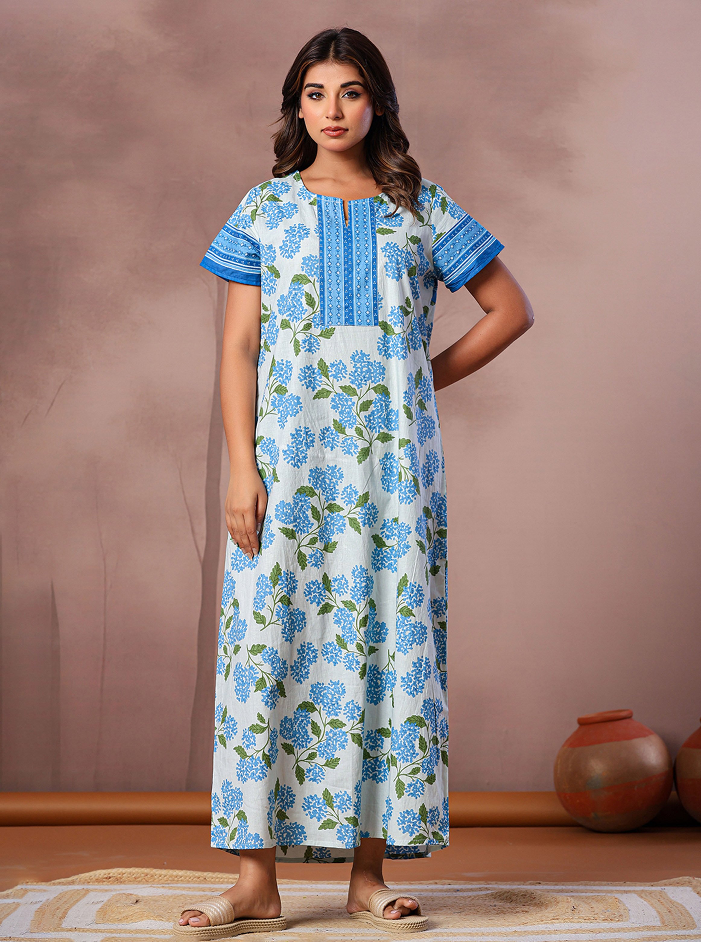 Blue Floral Cotton Nightdress with Short Sleeves