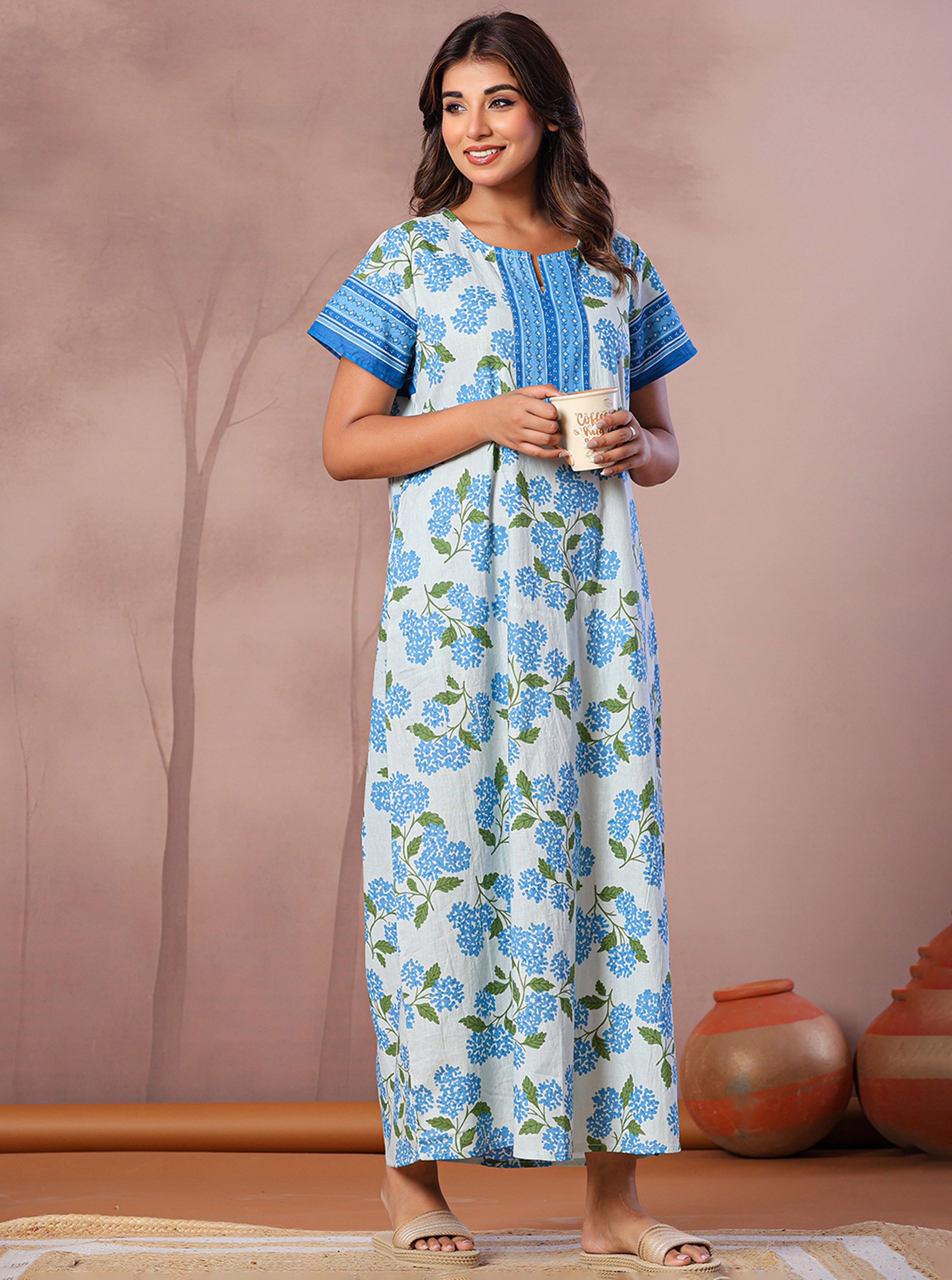 Blue Floral Cotton Nightdress with Short Sleeves