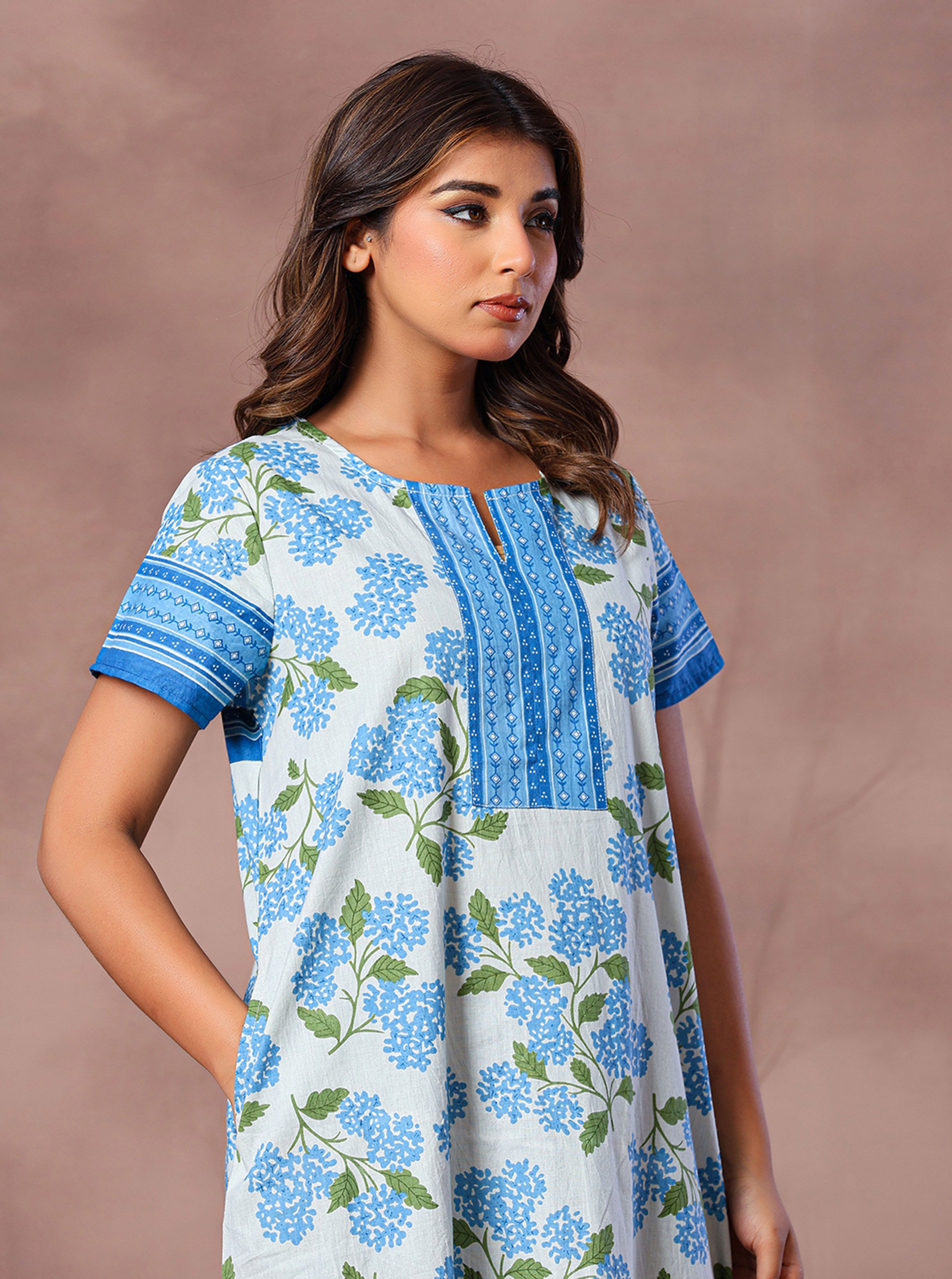 Blue Floral Cotton Nightdress with Short Sleeves
