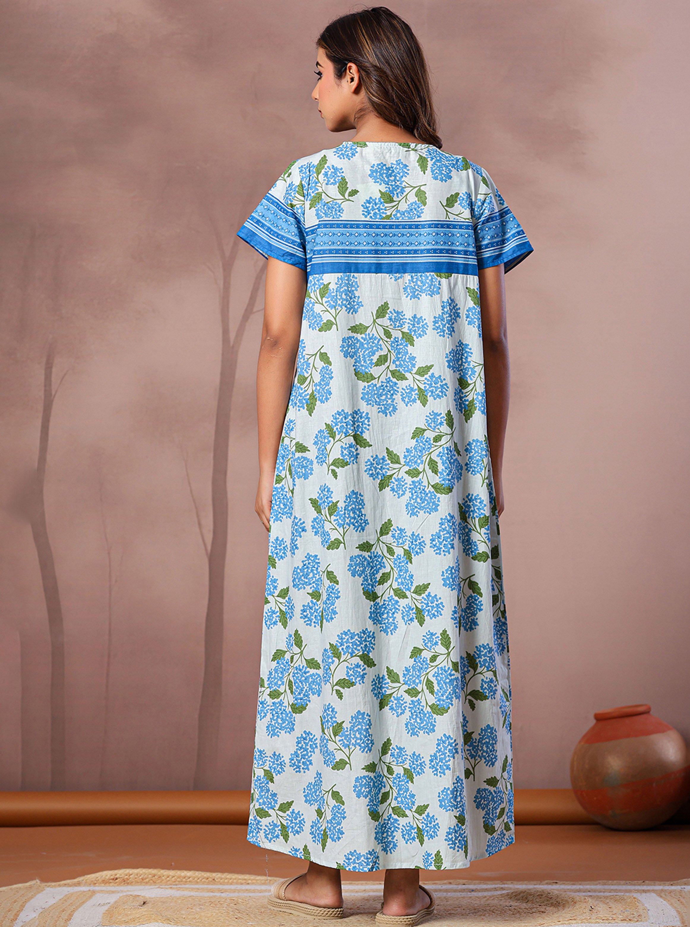 Blue Floral Cotton Nightdress with Short Sleeves
