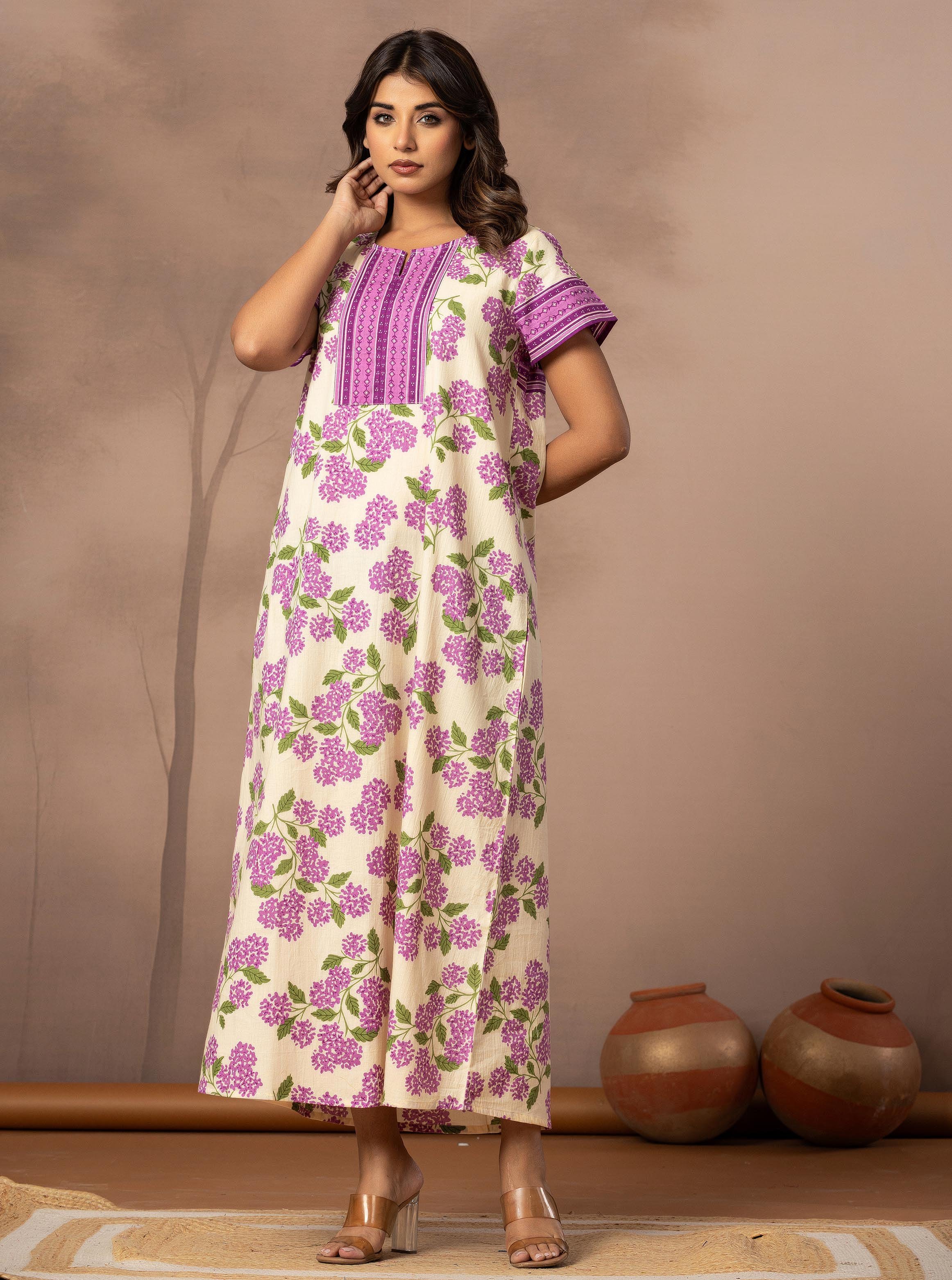 White Floral Cotton Nightdress with Short Sleeves