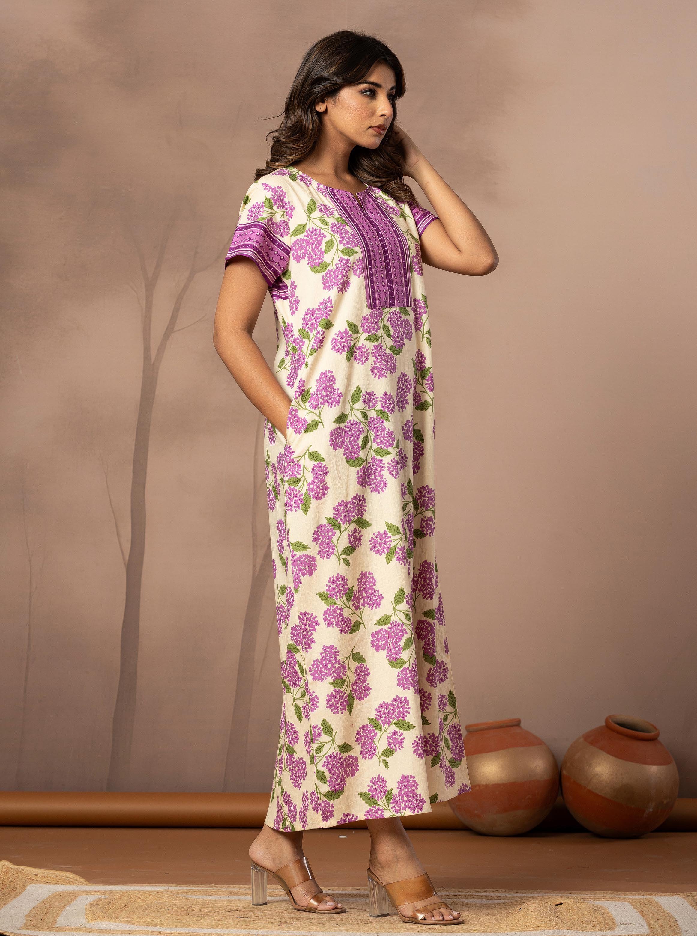 White Floral Cotton Nightdress with Short Sleeves