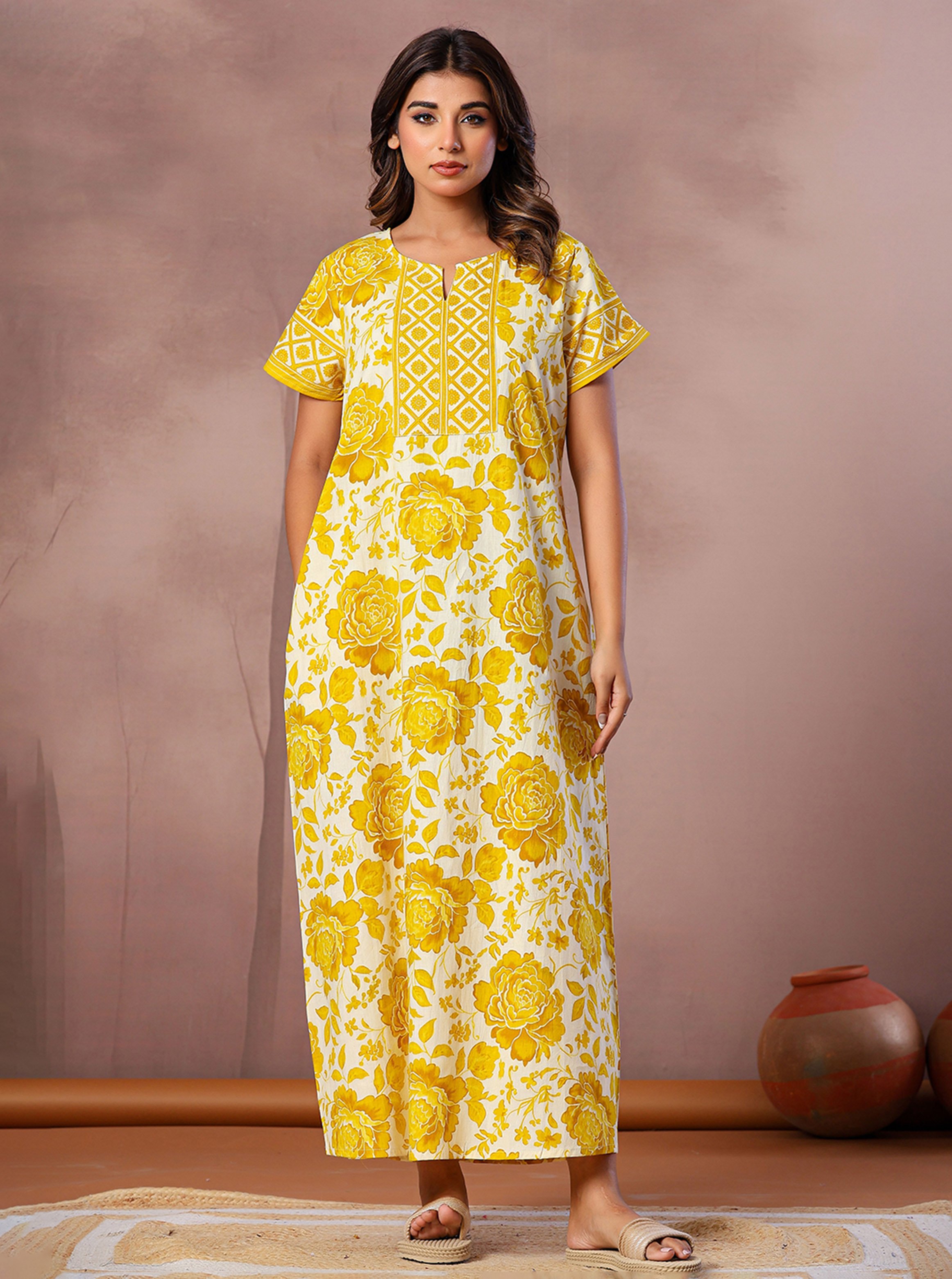 Yellow Floral Print Cotton Short Sleeve Kaftan Nightdress