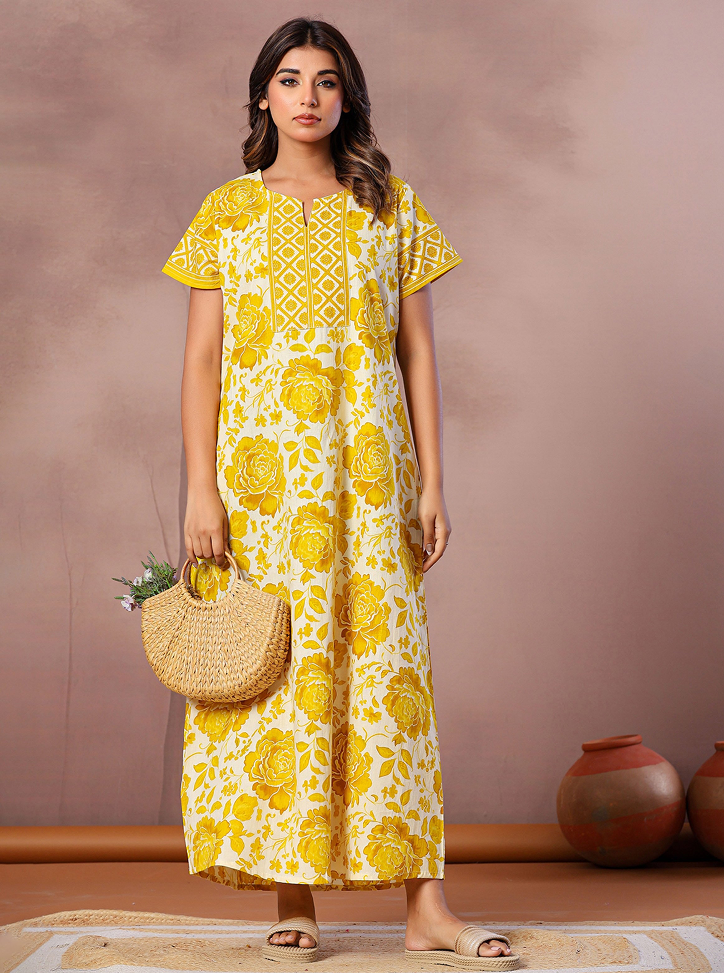 Yellow Floral Print Cotton Short Sleeve Kaftan Nightdress