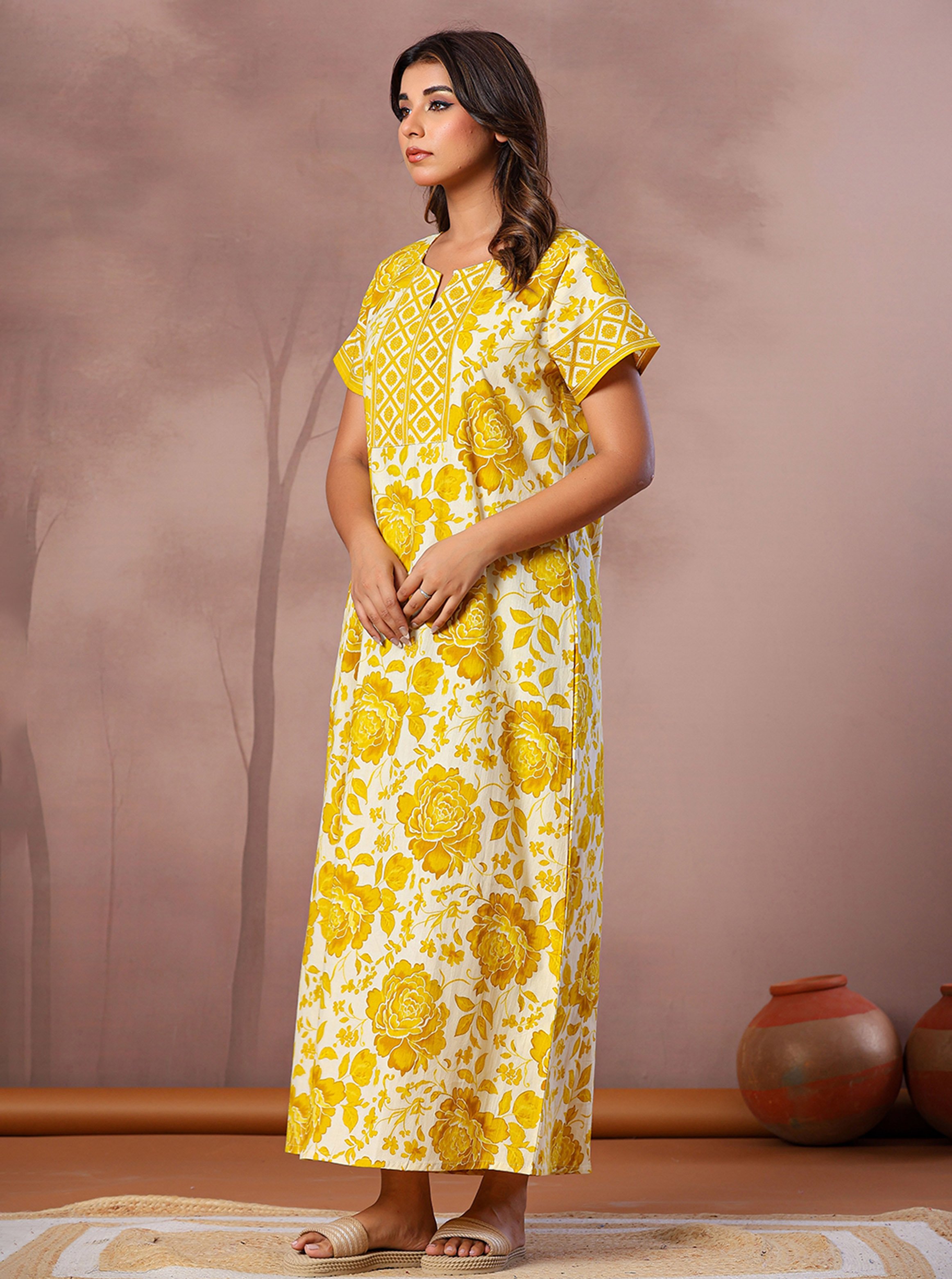 Yellow Floral Print Cotton Short Sleeve Kaftan Nightdress